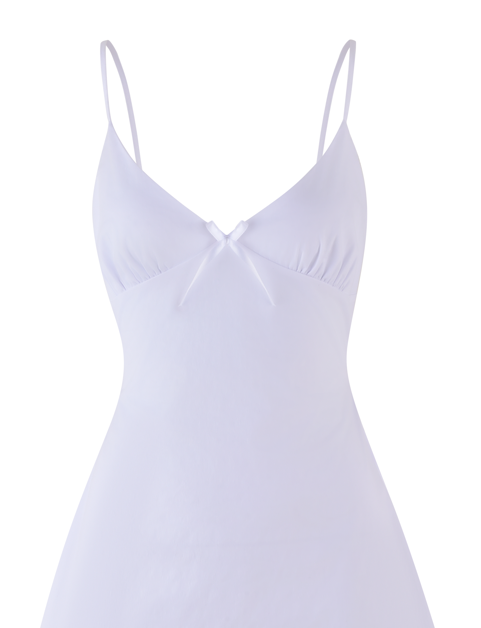 The WINNIE MINI DRESS - WHITE by TIGERMIST is a white sleeveless V-neck dress with thin adjustable straps, a small bust bow, and an elegant open back.