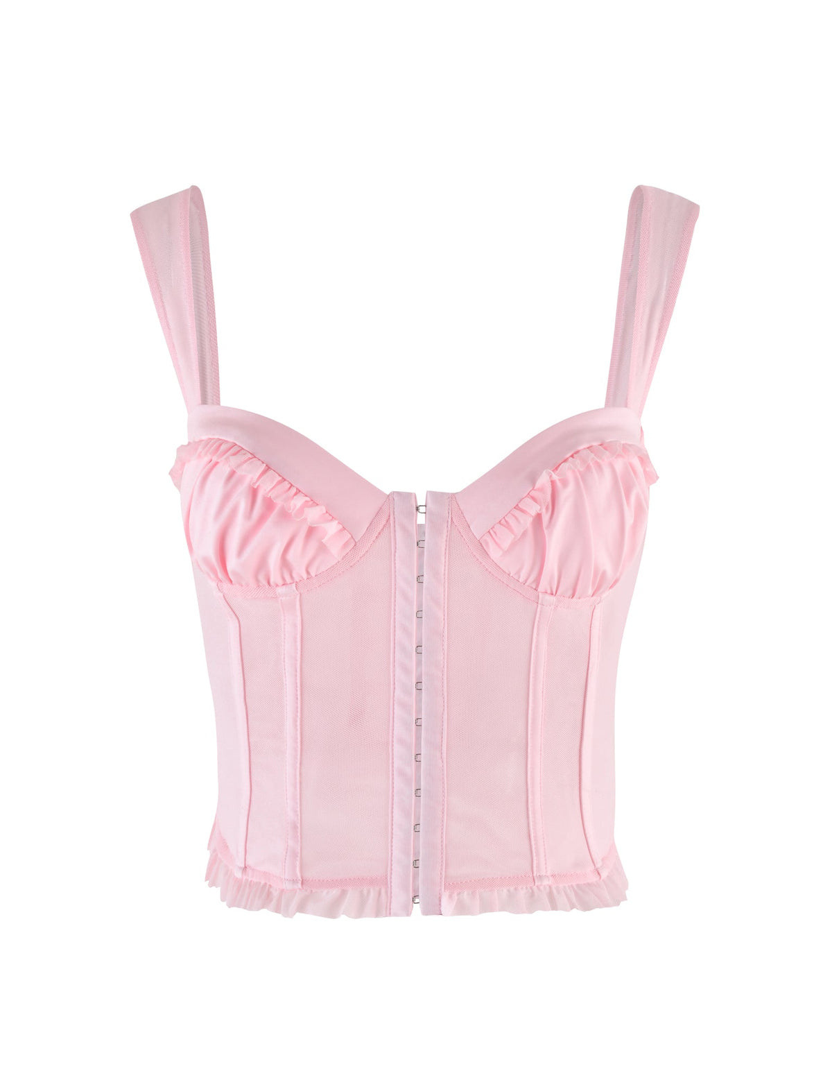 The TIGERMIST GINNY TOP - PINK : BABY PINK is a light pink corset with wide straps, sweetheart neckline, ruffle trim at bust and hem, structured boning, and front hook-and-eye closure, shown on a white background.