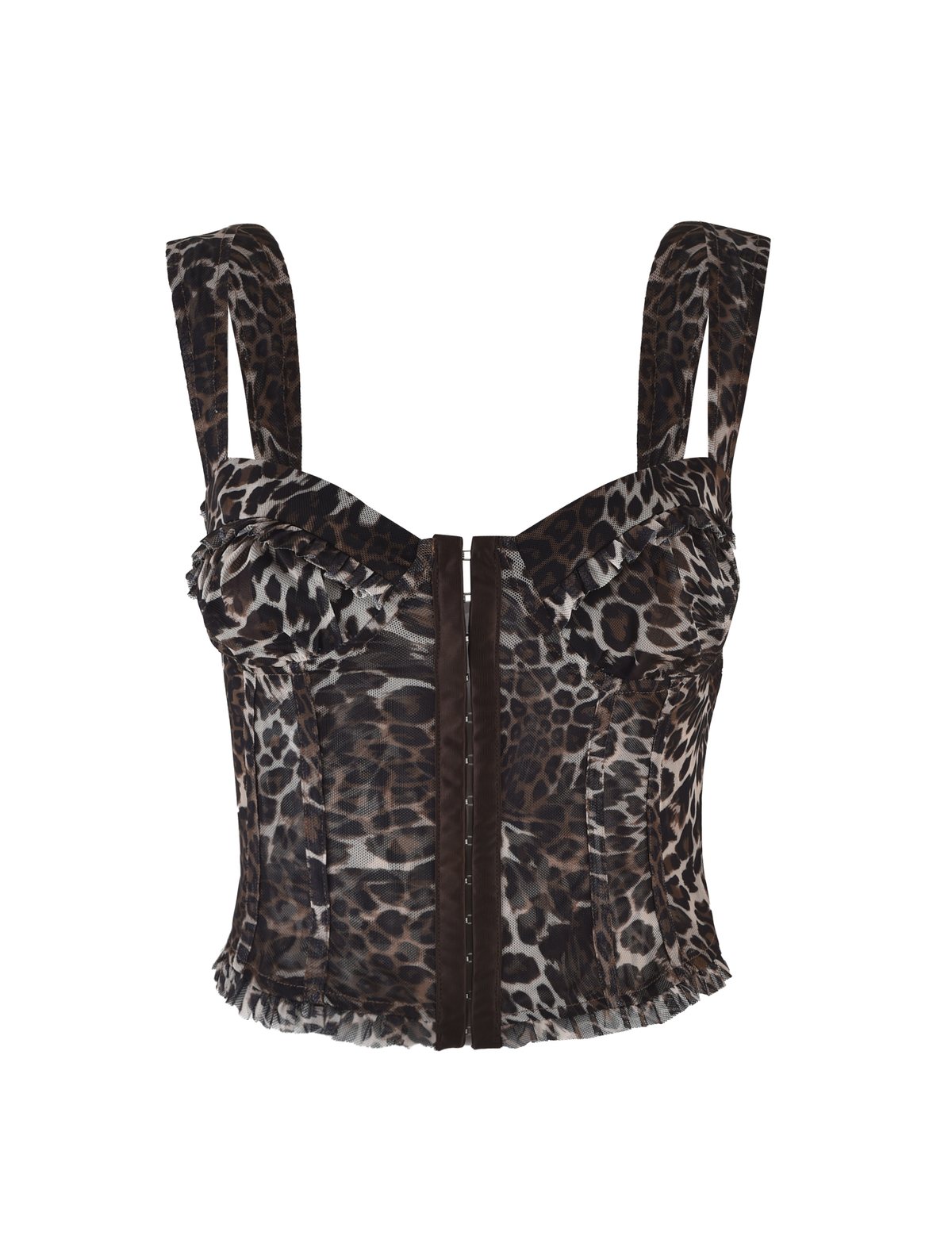 The TIGERMIST GINNY TOP - NEUTRAL : LEOPARD is a sleeveless bustier with thick straps, front hook closure, and ruffle details on the sweetheart neckline and hem, shown against a white background.