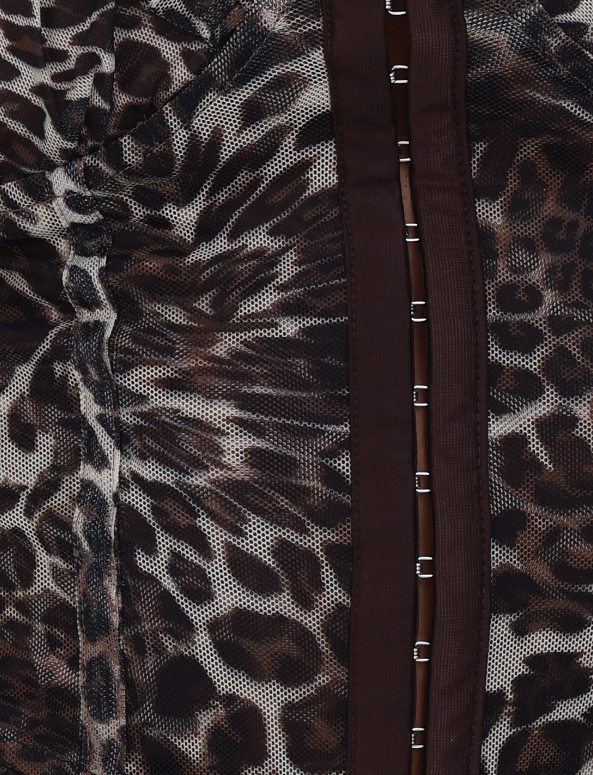 Close-up of the GINNY TOP - NEUTRAL : LEOPARD by TIGERMIST, featuring bold black and brown leopard print and a vertical brown strip with metal hooks for a structured, bodycon silhouette.