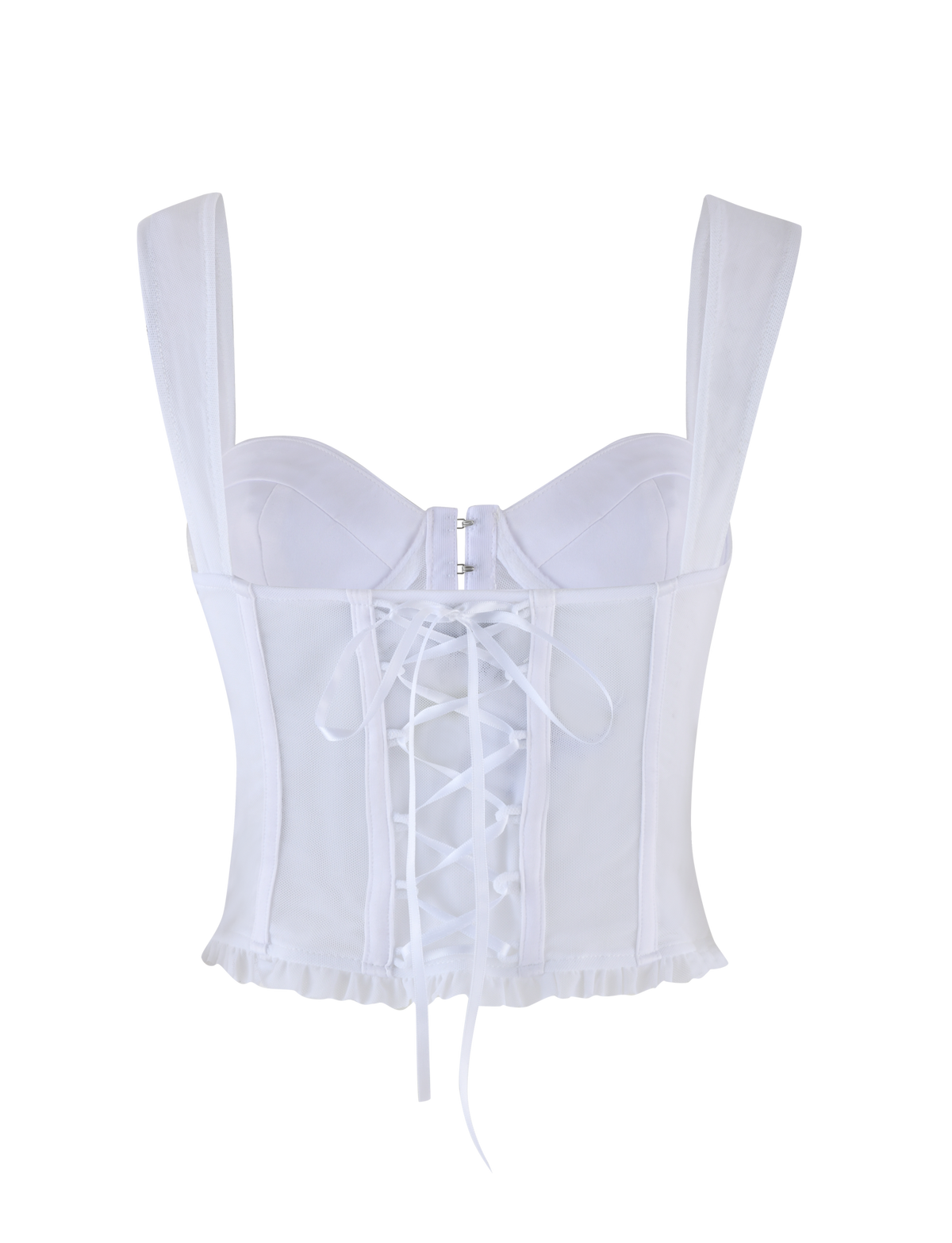 The TIGERMIST GINNY TOP in optic white features wide straps, structured cups, a lace-up back, subtle sweetheart neckline, smooth slightly shiny fabric, and a softly frayed hem.