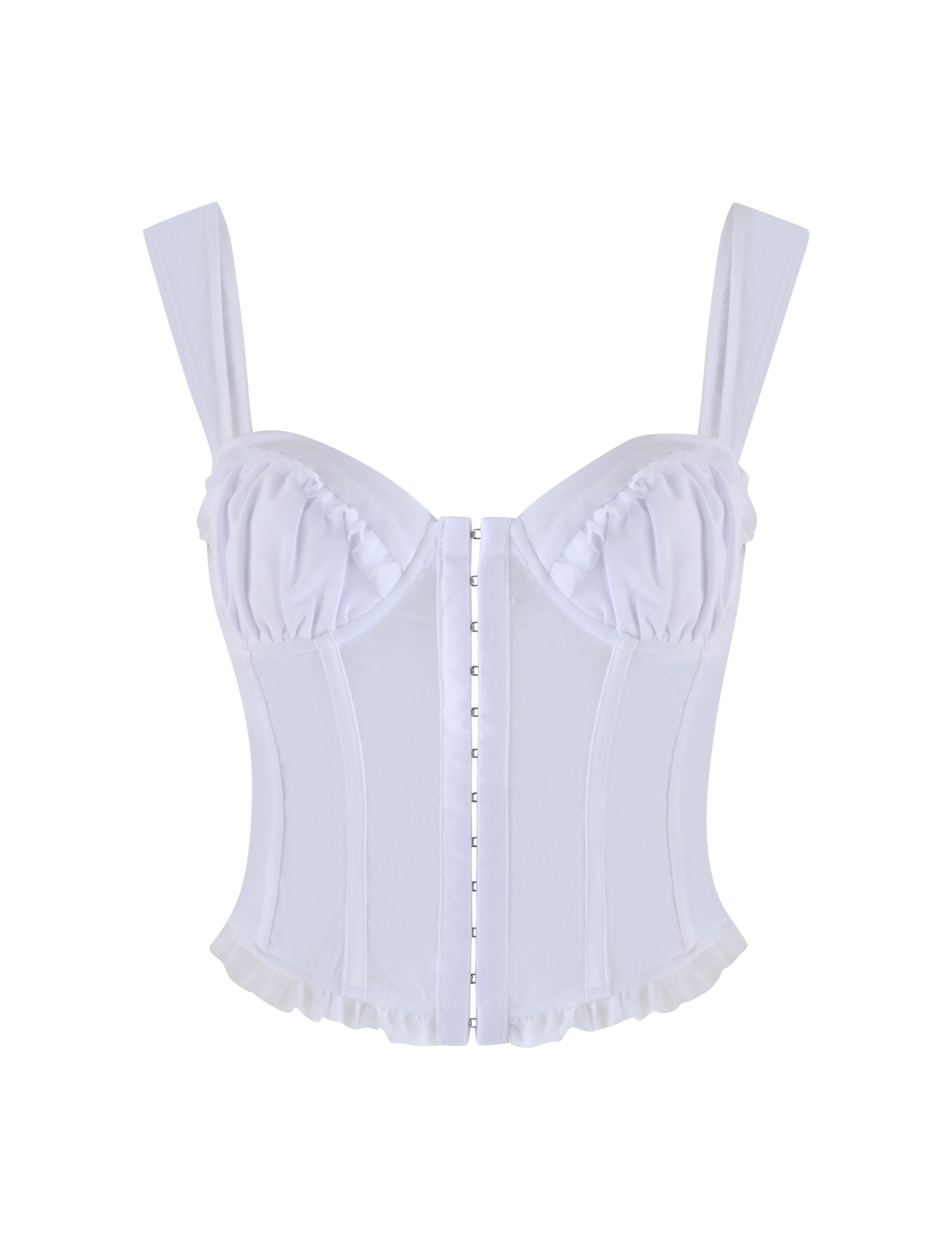 The GINNY TOP - WHITE by TIGERMIST is a corset-style top in optic white, featuring wide straps, structured boning, a ruffled trim, front button or hook closure, and a sweetheart neckline with slightly shiny fabric for an elegant touch.
