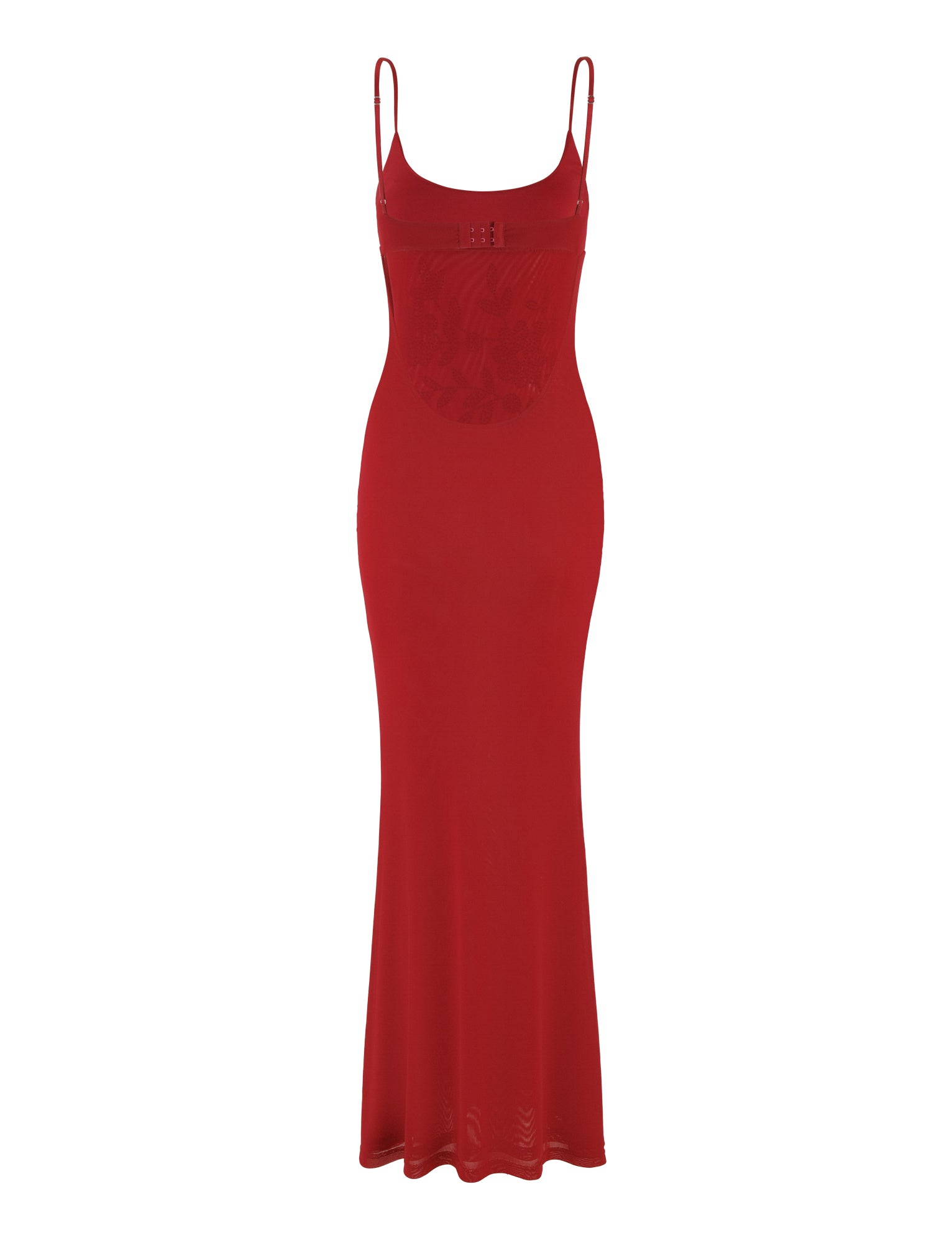 The OCTAVIA MAXI DRESS - RED in Cherry Red by TIGERMIST is an exquisite floor-length dress featuring vibrant red hues, adorned with thin spaghetti straps and delicate floral embellishments around the waist. Made from smooth, flowing fabric, it offers a timeless and elegant appearance.