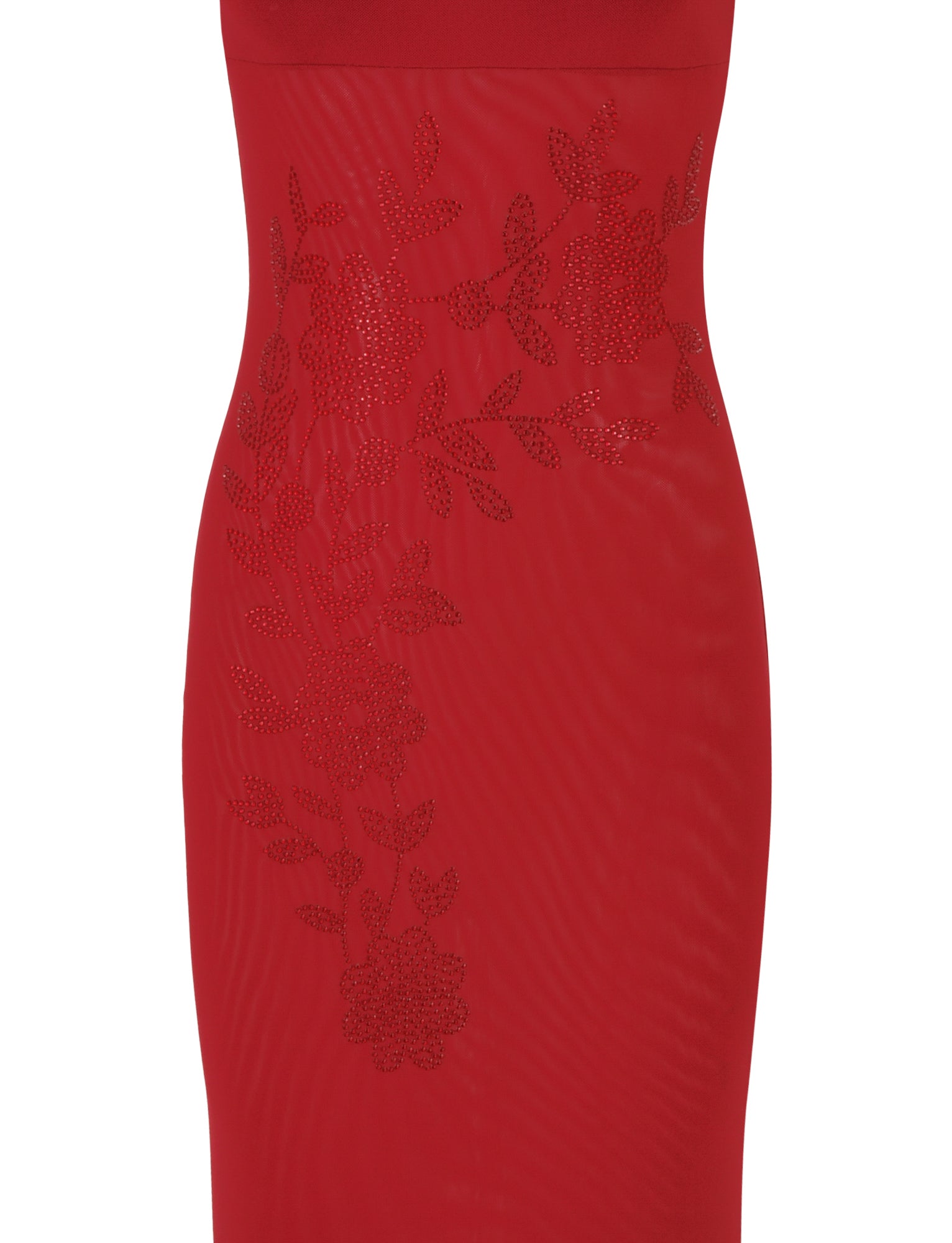 A close-up of the OCTAVIA MAXI DRESS - RED : CHERRY RED by TIGERMIST reveals its intricate floral embellishments. The textured design appears embroidered, adding depth and detail to the fabric. This maxi-length dress features a form-fitting silhouette that exudes elegance.