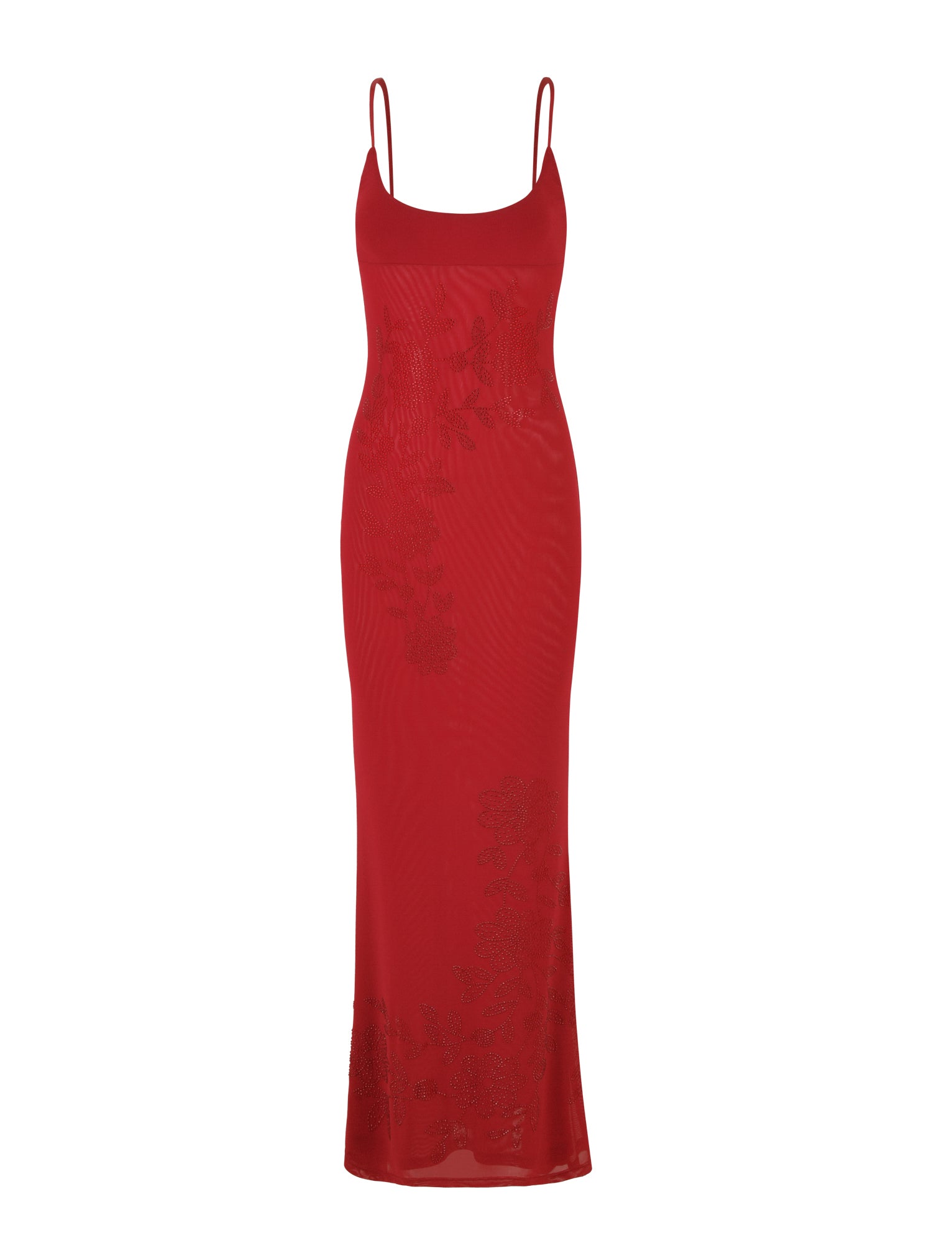Introducing the Octavia Maxi Dress in Cherry Red by Tigermist—a breathtaking maxi dress adorned with delicate spaghetti straps and intricate floral embellishments on a lush red fabric. This sleeveless design is perfect for any occasion, exuding both elegance and charm.