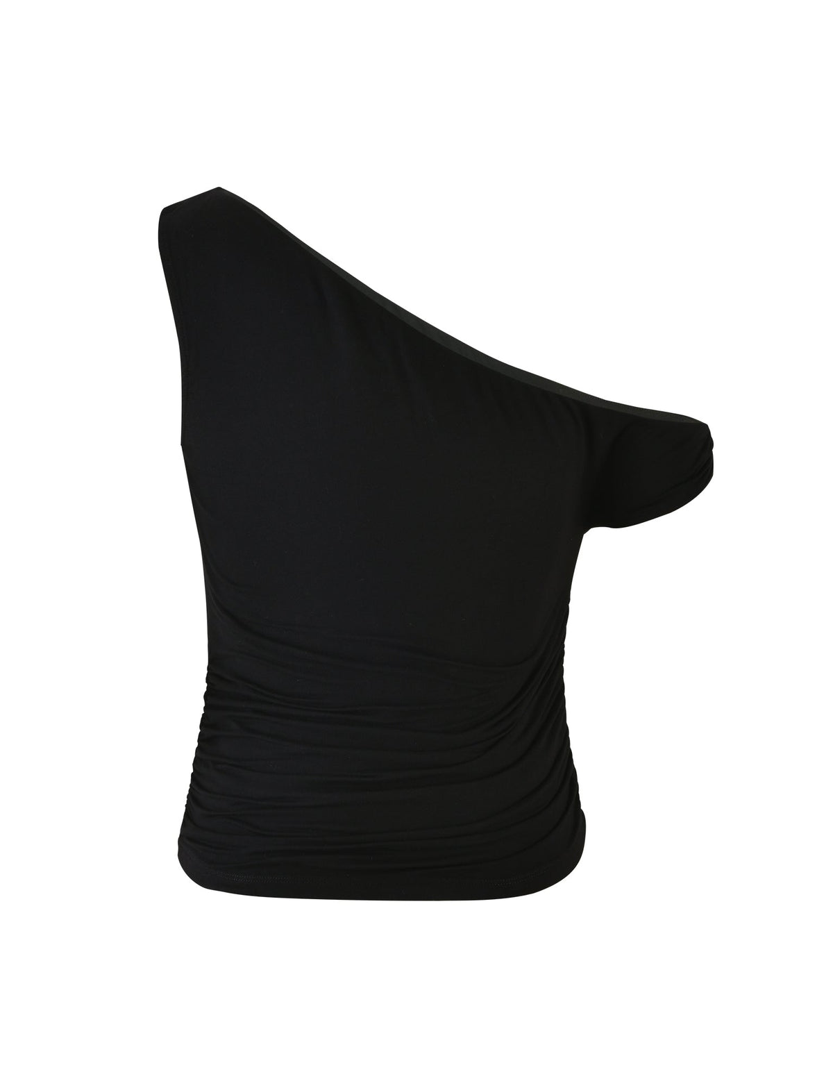 The KADENCE TOP - BLACK from TIGERMIST features a chic, one-shoulder design with a fitted and slightly ruched style. One side is sleeveless while the other has a single short sleeve, creating an eye-catching asymmetrical neckline. The stretchy fabric guarantees a sleek, form-fitting silhouette.