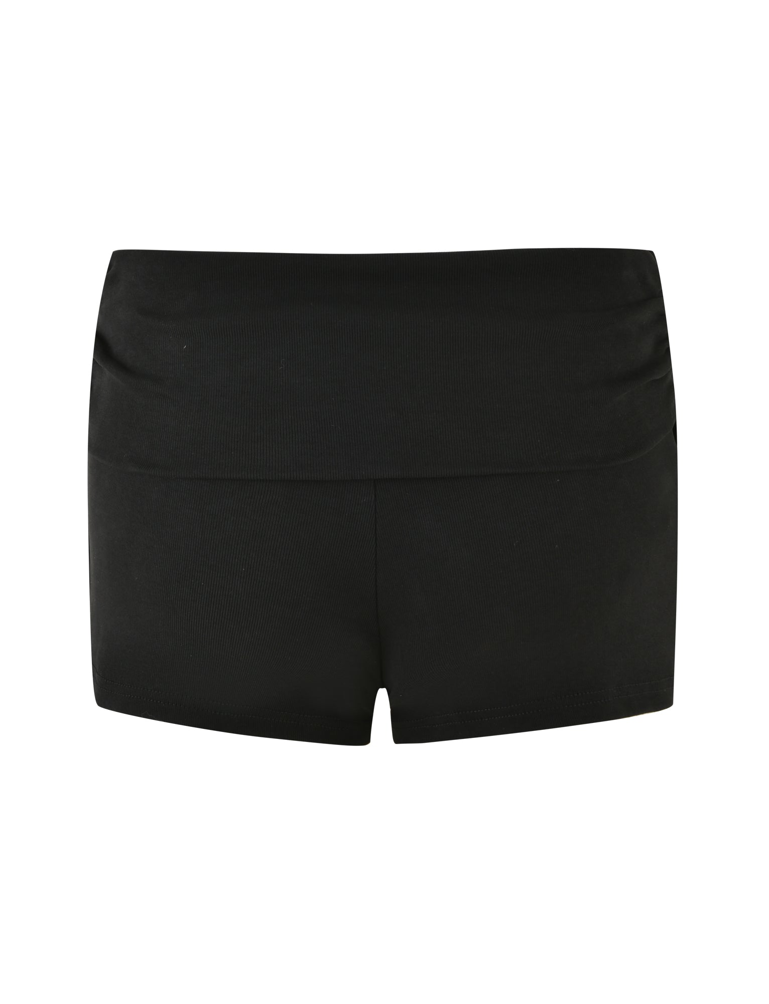 The KARINA RIB SHORT - BLACK by TIGERMIST, featuring a black, form-fitting ribbed fabrication and a wide waistband, is photographed on a white background. The seamless design and smooth fabric make these shorts ideal for active wear or casual use.