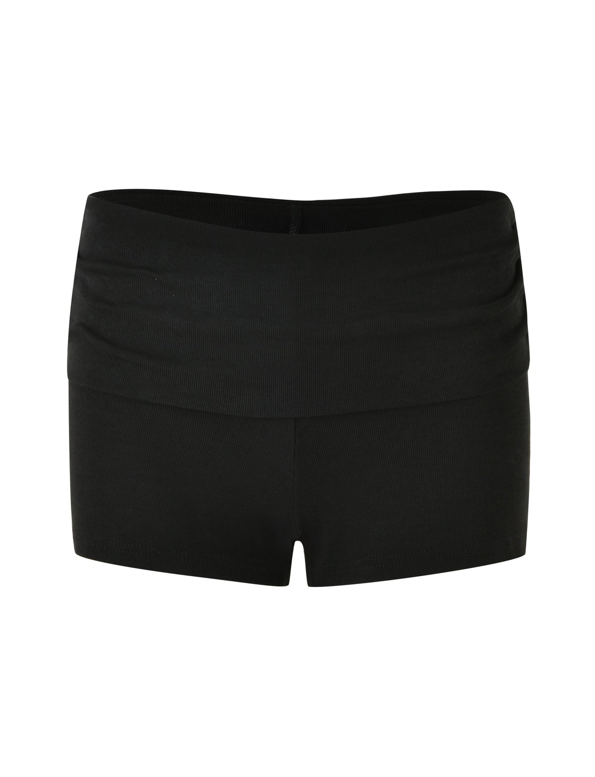 The KARINA RIB SHORT - BLACK by TIGERMIST are a pair of high-waisted shorts viewed from the front, featuring ribbed fabrication for added texture. These shorts have a sleek, simple design and are made of stretchy fabric. They include a wide waistband and offer a snug fit, making them suitable for both athletic and casual wear. The background is plain white.