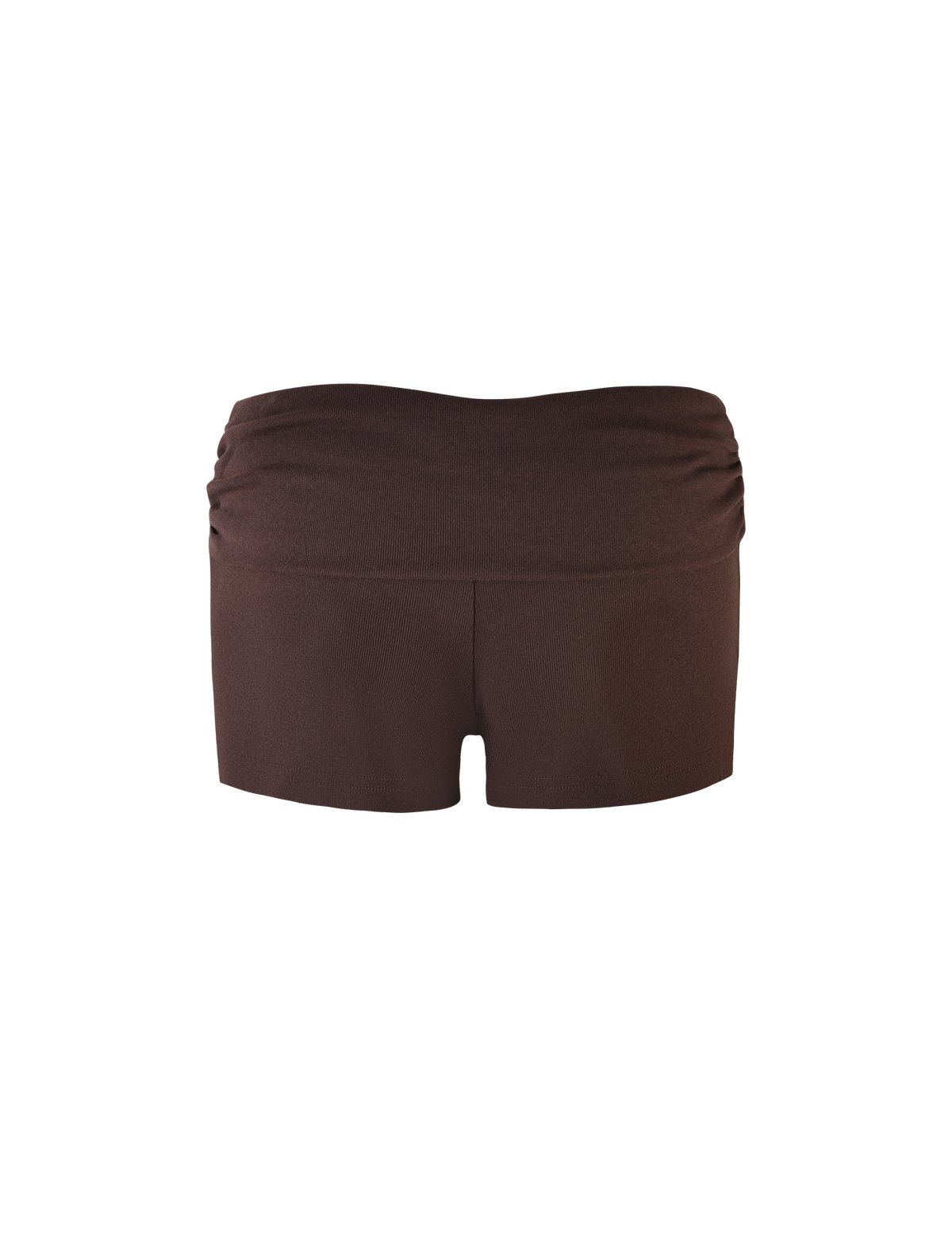 A pair of TIGERMIST KARINA RIB SHORT - BROWN : CHOCOLATE, featuring a low-rise waist and fitted silhouette, displayed against a white background.