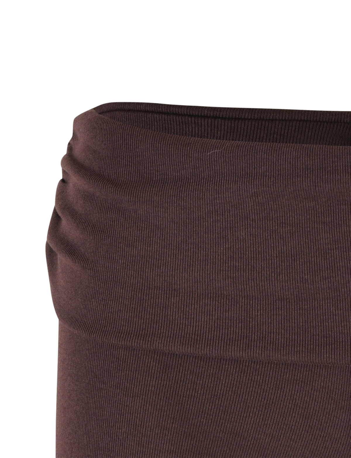 Close-up of the TIGERMIST KARINA RIB SHORT in chocolate brown, featuring a ribbed waistband with gentle gathering on one side.