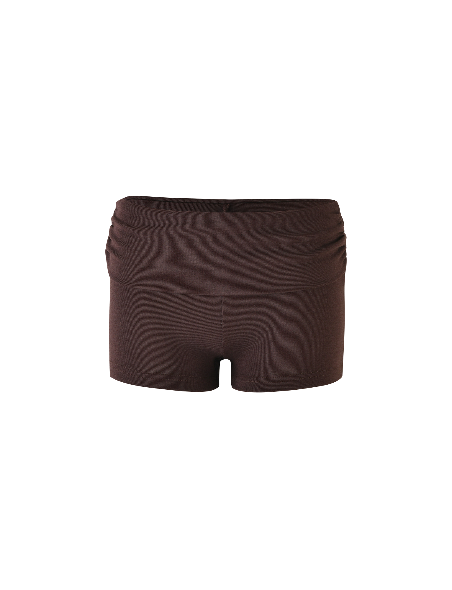 The KARINA RIB SHORT - BROWN : CHOCOLATE by TIGERMIST is a pair of dark brown, fitted shorts with a wide ribbed waistband and ribbed texture, displayed on a plain white background.