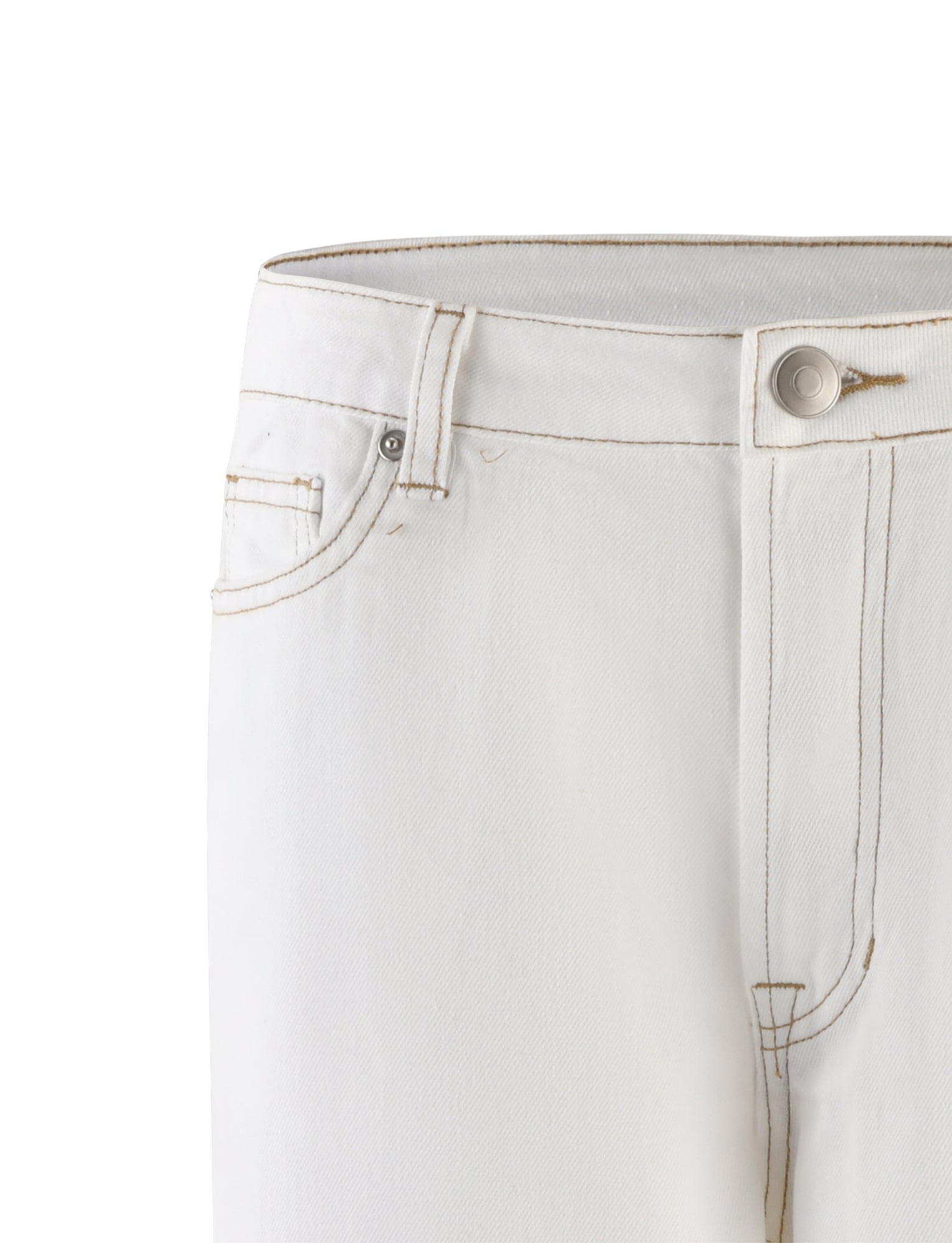 Close-up view of the upper part of a pair of FELIX JEAN - WHITE by TIGERMIST. The focus is on the waistband, button, and part of the pockets, showing detailed stitching and fabric texture. The design includes a coin pocket and belt loops.
