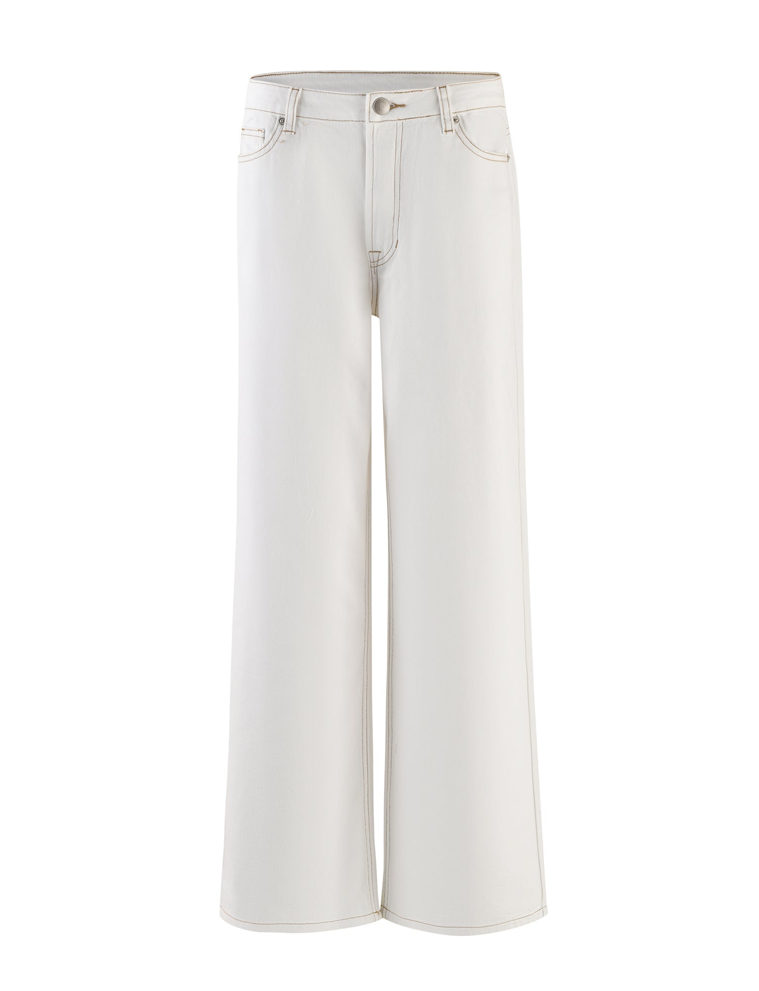The TIGERMIST FELIX JEAN - WHITE features a high waist and front button closure. These wide-leg jeans come complete with side and back pockets, and are finished with contrast stitching along the seams for a sleek look.