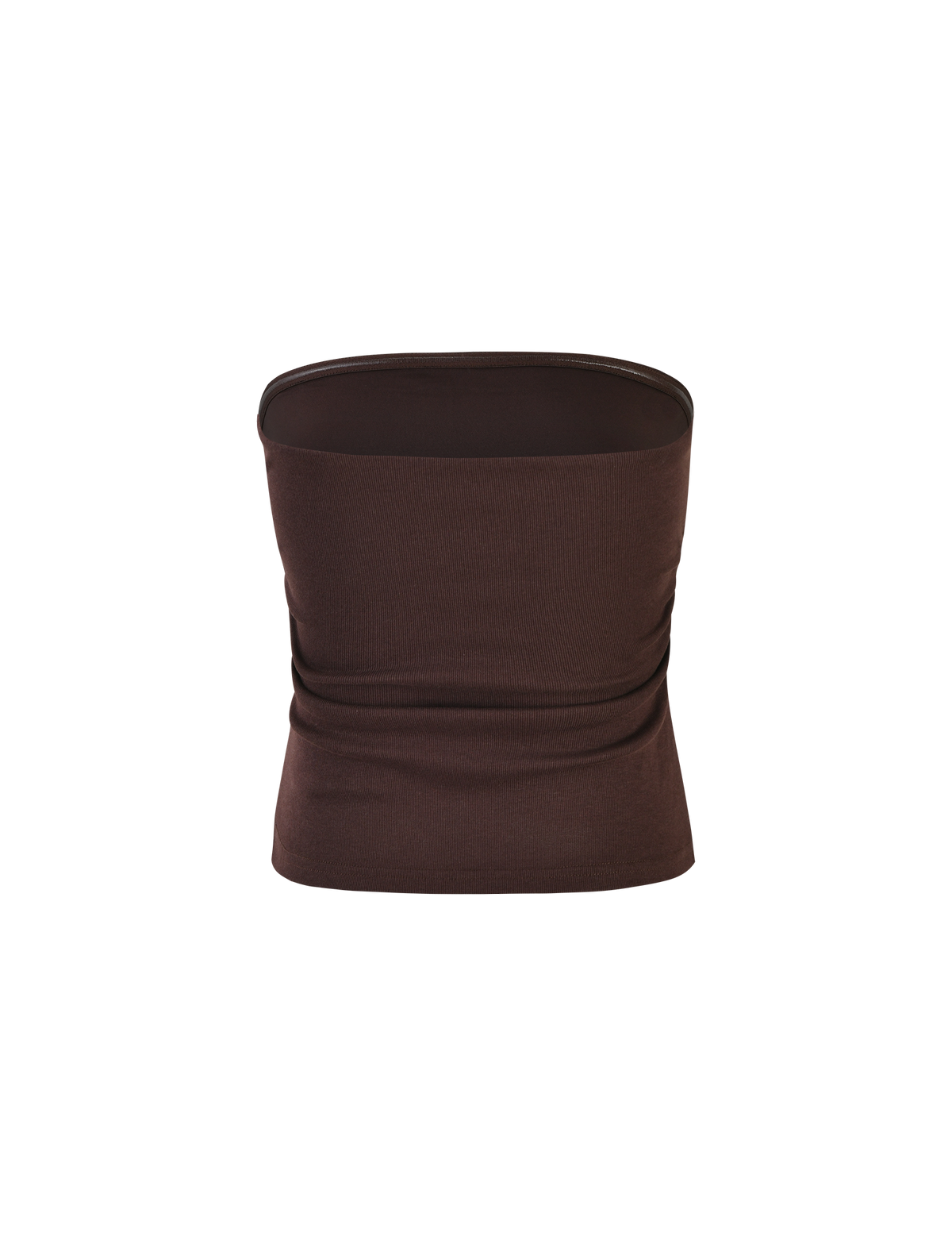 The HARRIETT RIB TOP - BROWN : CHOCOLATE by TIGERMIST is a strapless, form-fitting ribbed jersey tube top in chocolate, featuring a smooth seamless design, shown on a plain white background.