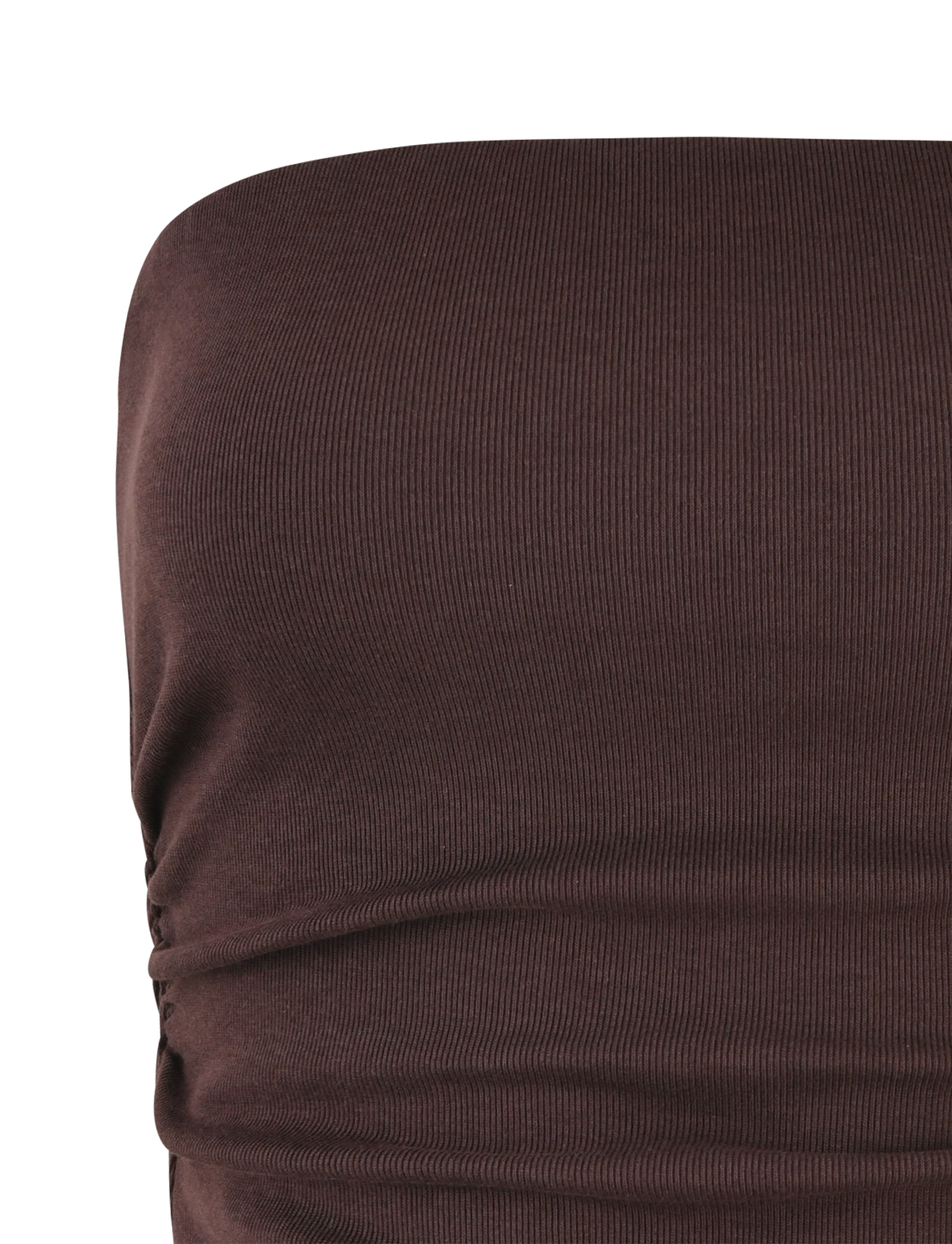 A close-up of the TIGERMIST HARRIETT RIB TOP - BROWN : CHOCOLATE, featuring ribbed jersey fabric and side ruching that creates a flattering, form-hugging silhouette.
