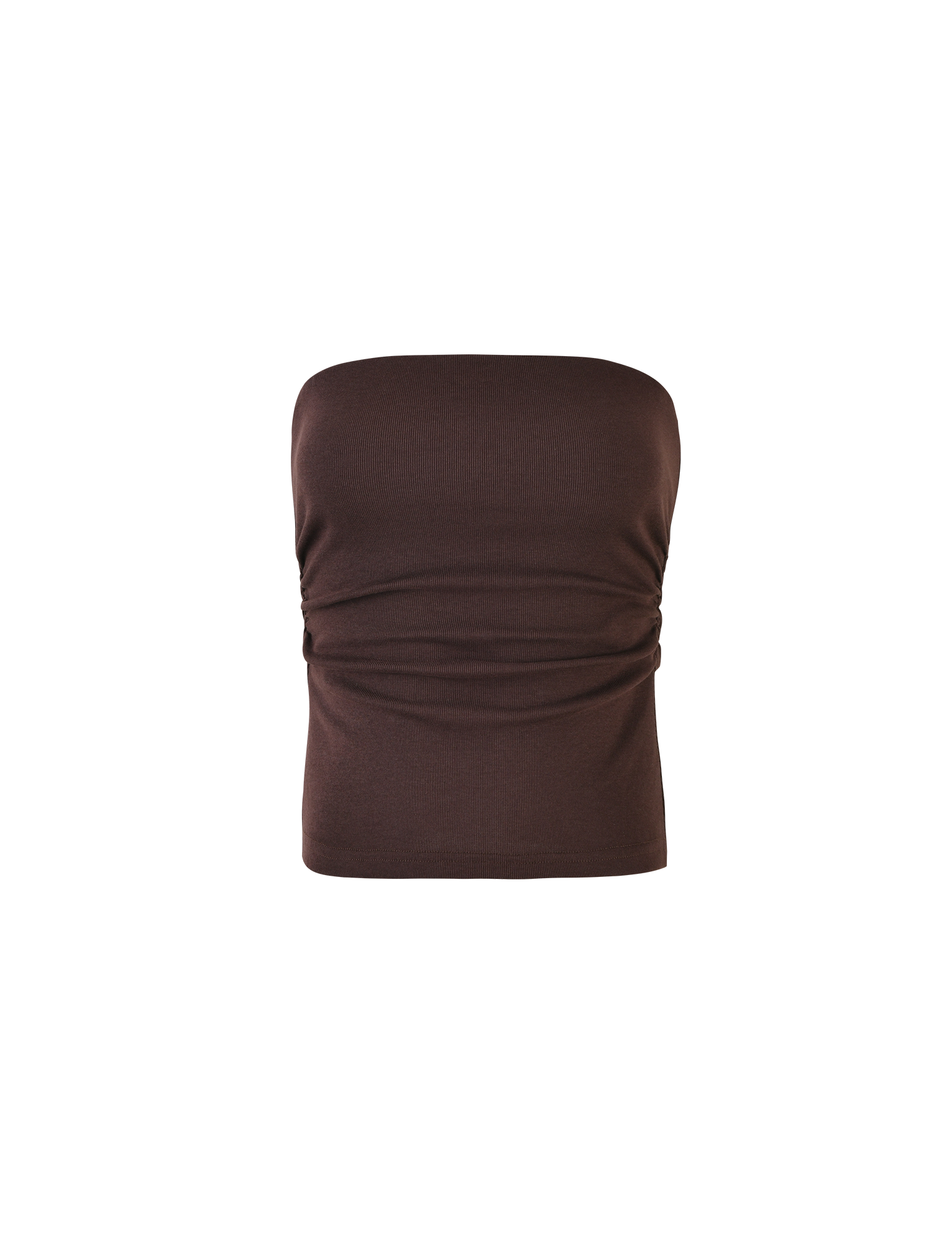 The TIGERMIST HARRIETT RIB TOP - BROWN : CHOCOLATE is a strapless, ribbed jersey tube top with slight side ruching, shown on a plain white background.