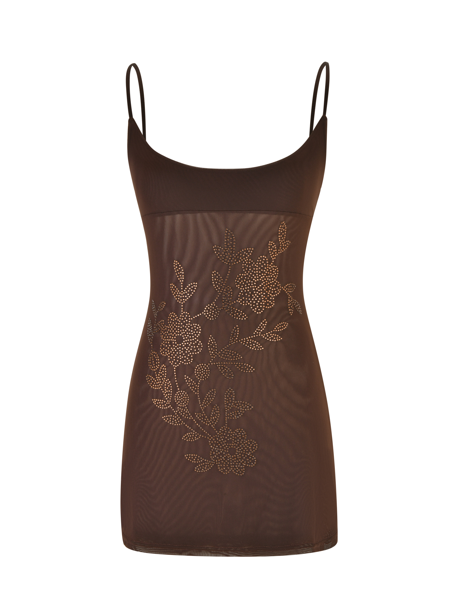 The OCTAVIA MINI DRESS - BROWN : CHOCOLATE by TIGERMIST features sheer chocolate fabric, thin spaghetti straps, and small gold stud floral embellishments on the front.