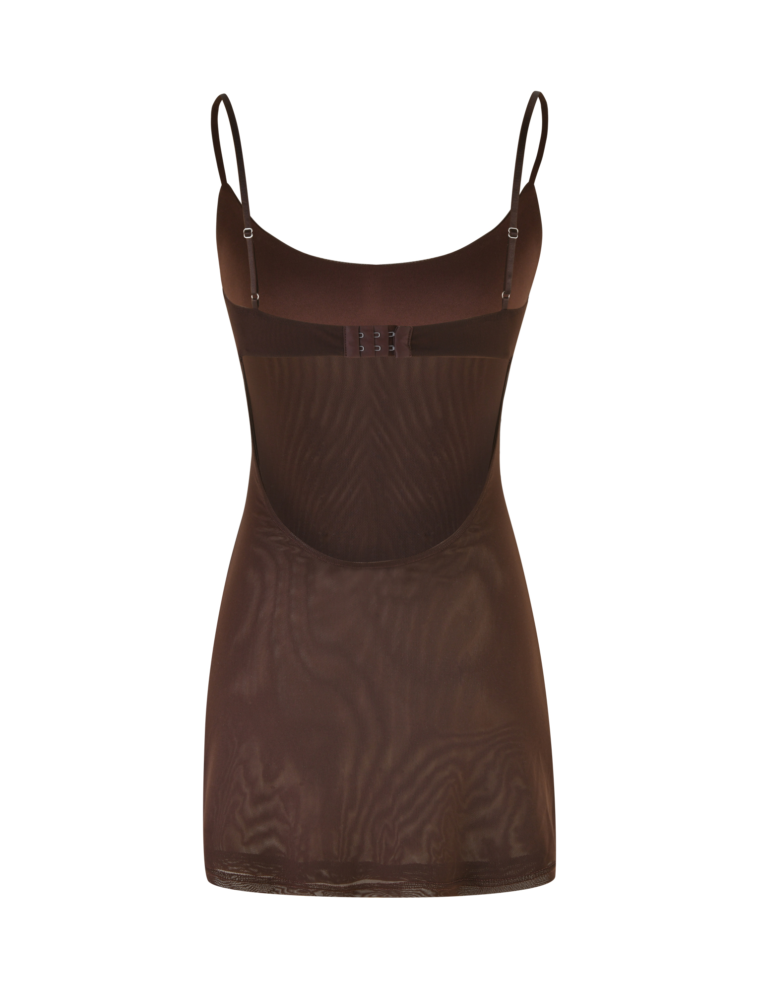 The TIGERMIST OCTAVIA MINI DRESS - BROWN : CHOCOLATE is a sheer chocolate slip dress with adjustable spaghetti straps, a scooped lower back, and mid-back hook-and-eye closures, shown on a plain white background.