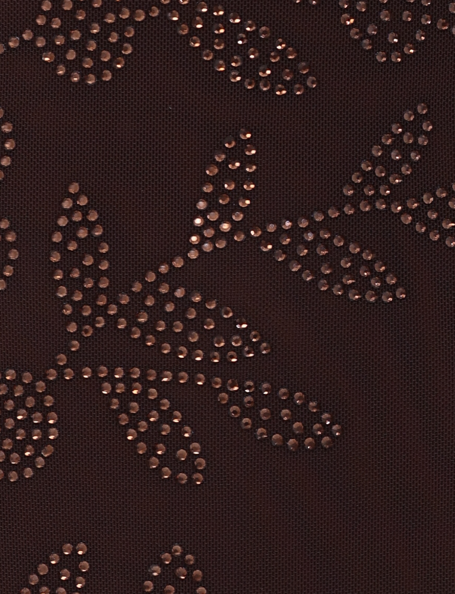 Close-up of the TIGERMIST OCTAVIA MINI DRESS - BROWN : CHOCOLATE, featuring chocolate brown fabric with a leaf pattern formed by small, shiny metallic dots for a subtle floral touch.
