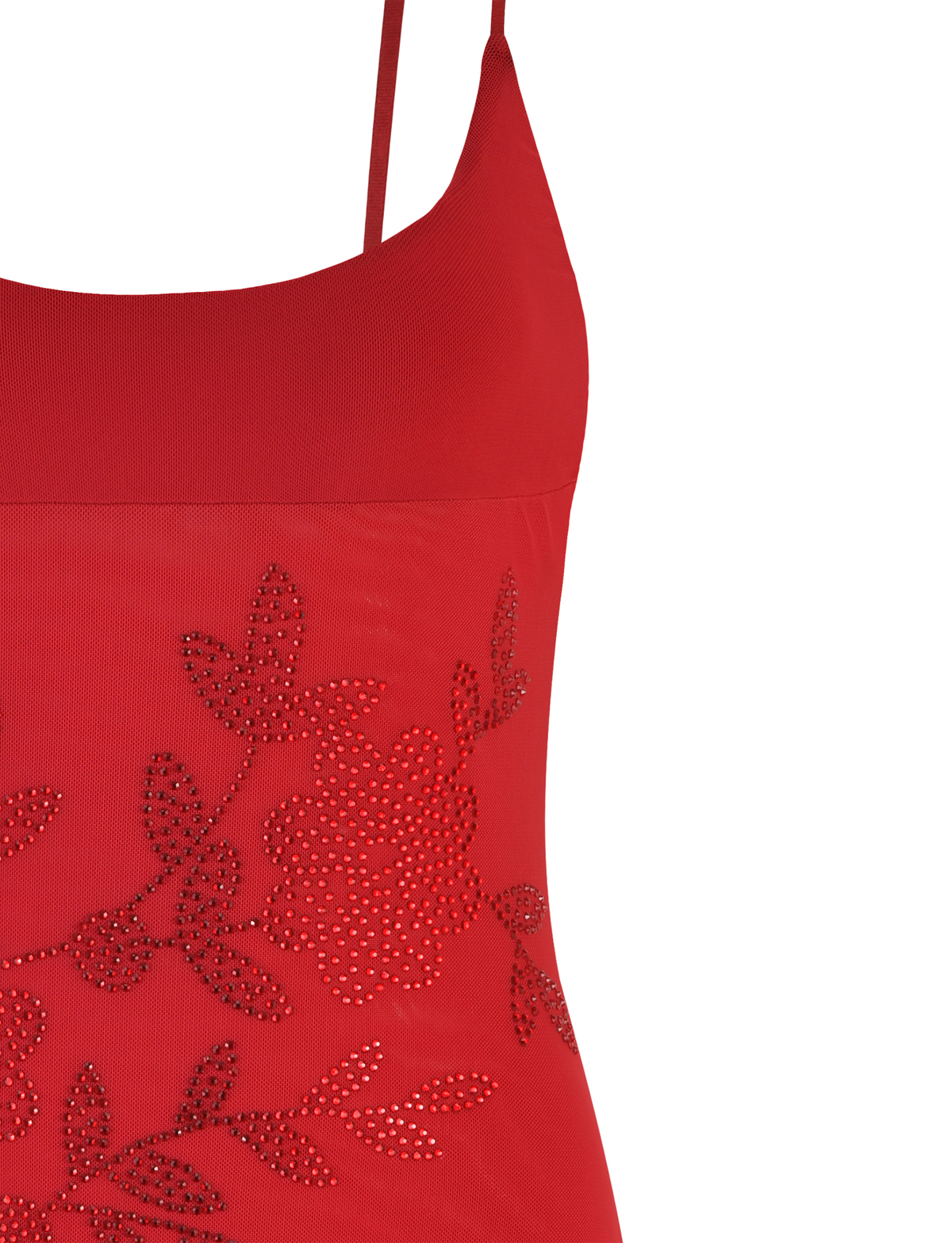 Close-up of the OCTAVIA DRESS in Cherry Red by TIGERMIST—a red dress with thin straps, an A-line silhouette, and a floral pattern adorned with small sparkling rhinestones.