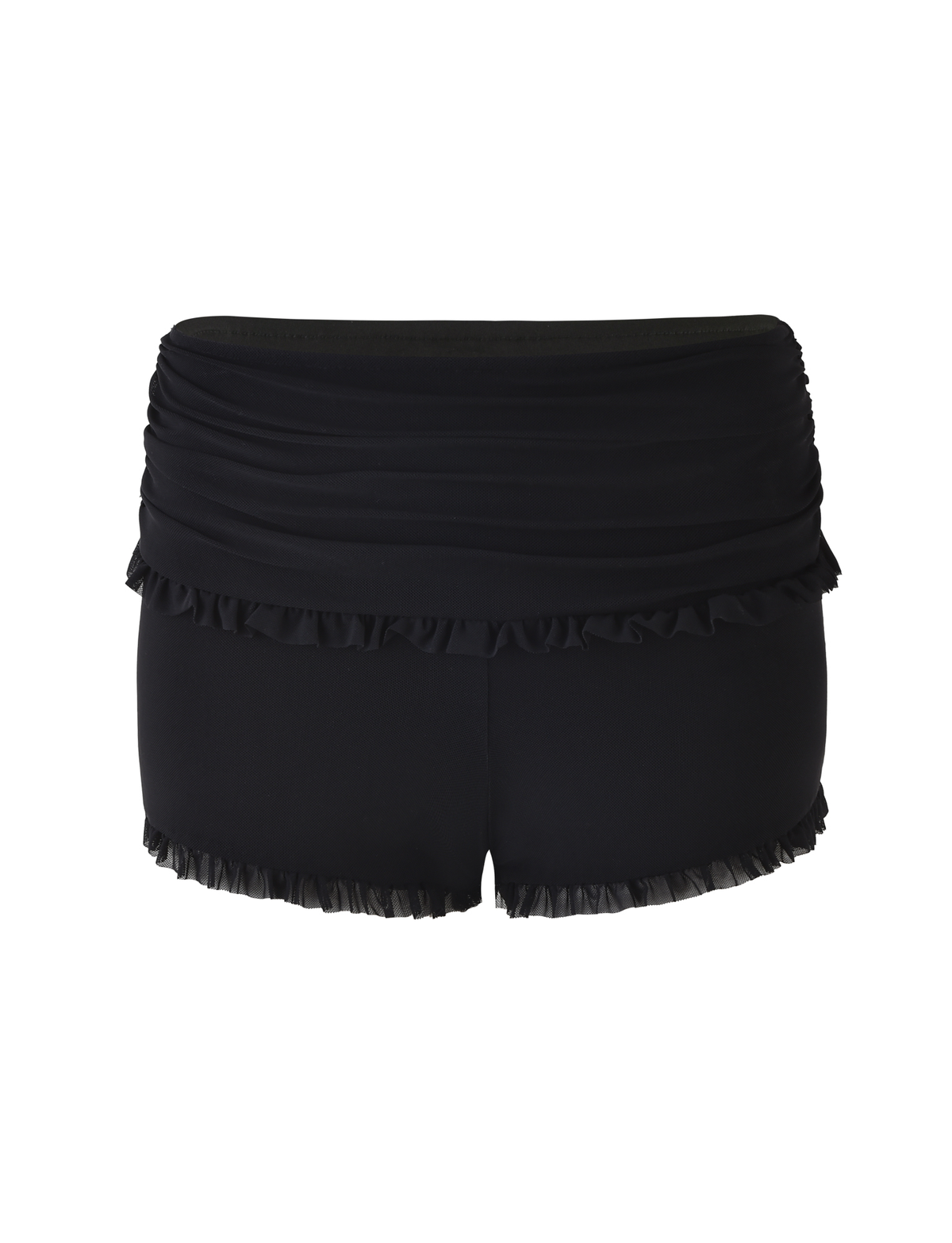 The GINNY SHORT - BLACK by TIGERMIST features a bodycon fit with ruched waistband and ruffle details at the waist and leg openings, shown on a plain white background.