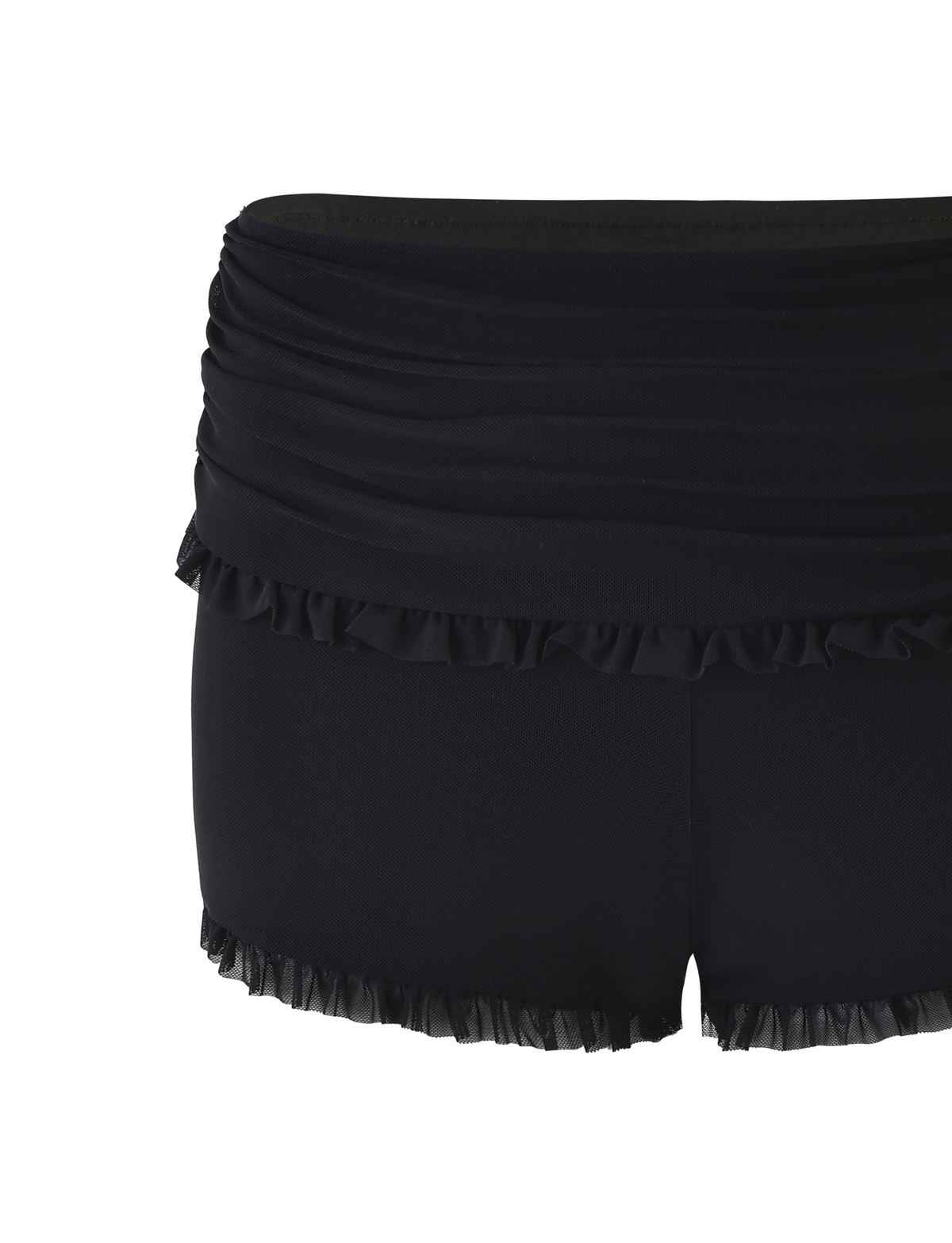 The TIGERMIST GINNY SHORT - BLACK features a high-waisted bodycon fit with ruched waistband and ruffled trim at the top and leg openings, shown against a white background.