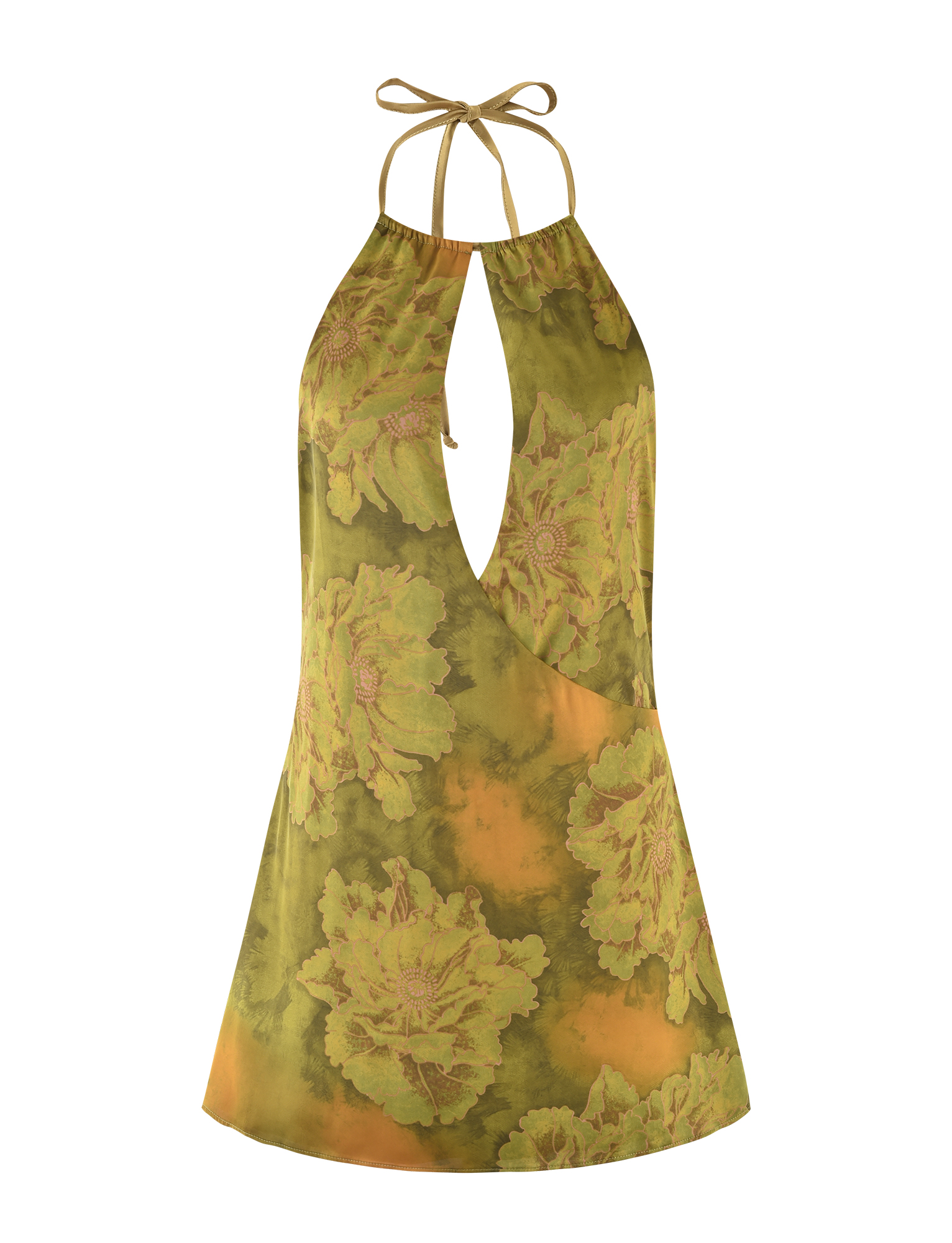 The MONROE DRESS - GREEN : WATER COLOUR FLORAL by TIGERMIST is a sleeveless halter mini dress with a keyhole neckline, vibrant watercolour floral print, asymmetric side cutout, neck tie closure, and chic gradient background.