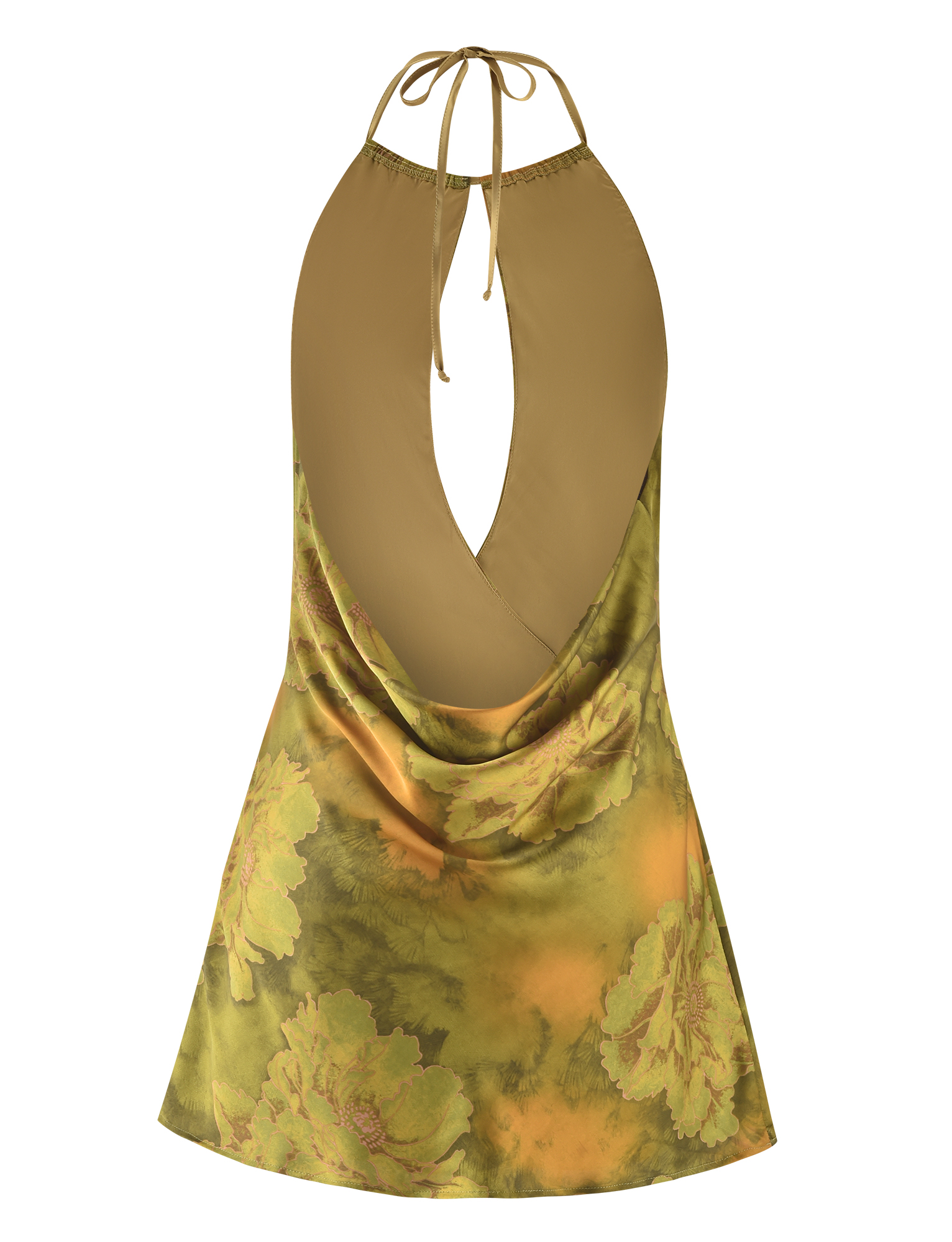 The MONROE DRESS - GREEN : WATER COLOUR FLORAL by TIGERMIST is a sleeveless, backless halter mini dress with a neck tie, green and yellow floral print, and draped cowl back—perfect for making a statement.