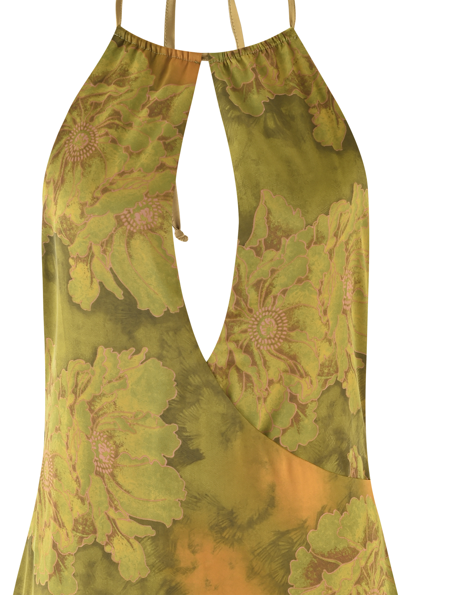 Close-up of the TIGERMIST MONROE DRESS in green watercolor floral, showcasing its sleeveless design, halter neckline, and teardrop keyhole chest detail.