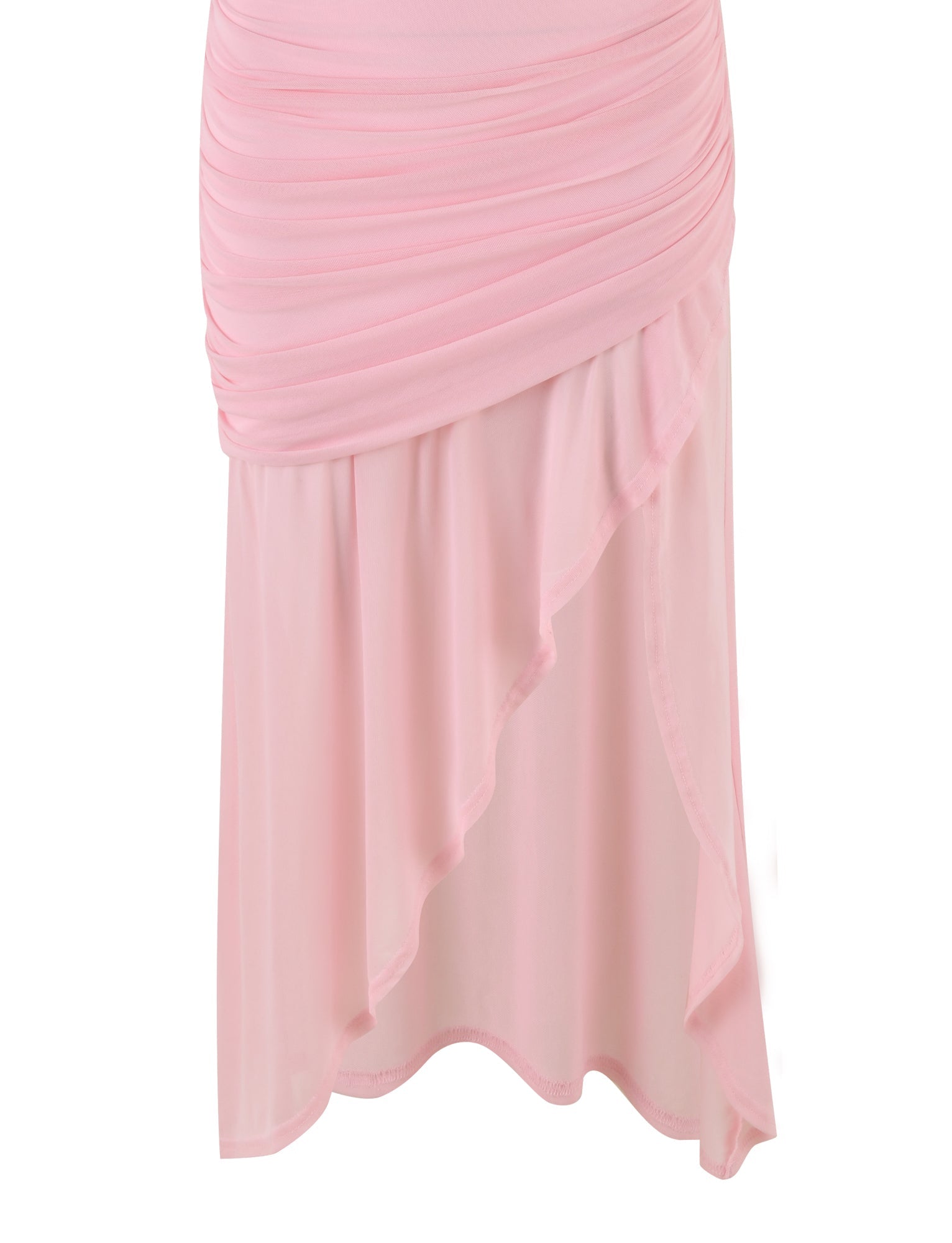 The COVE DRESS - PINK by TIGERMIST features a ruched detailing at the waist and a layered, ruffled hem. Its light, flowing fabric is complemented by a sheer, translucent layer at the lower portion that adds a delicate, feminine touch.