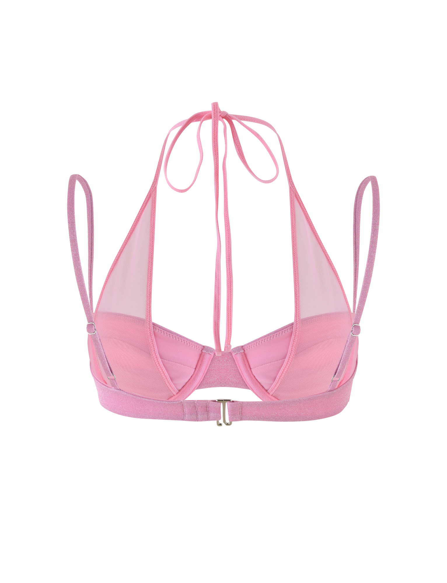 The ELLISON BIKINI TOP by TIGERMIST in baby pink features sheer mesh fabric, adjustable spaghetti straps, a halter neck tie, open back with clasp closure, offering a delicate and airy look.