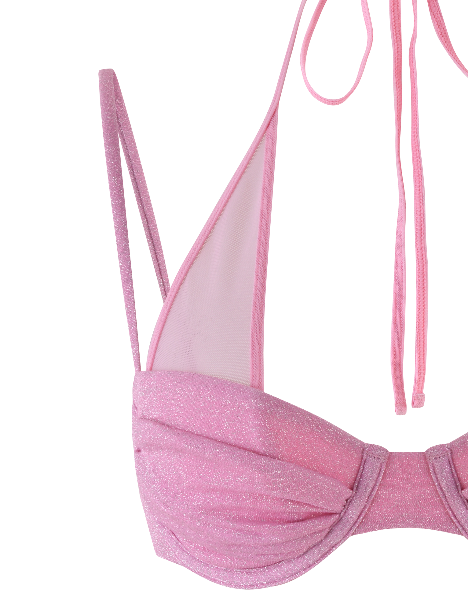 The ELLISON BIKINI TOP - PINK : BABY PINK by TIGERMIST is a baby pink sparkle lurex bikini top with adjustable spaghetti straps, a halter neck tie, and gathered fabric details.
