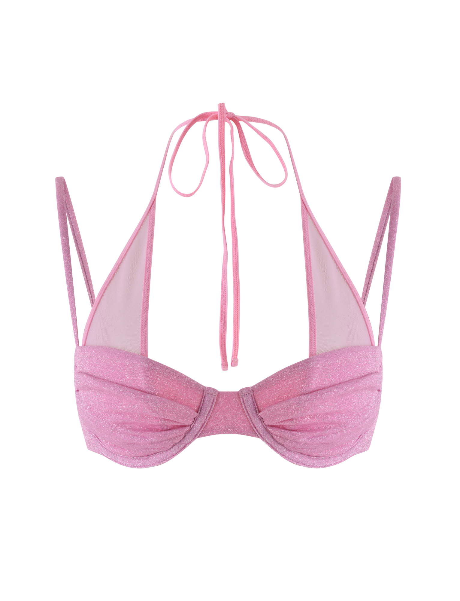 The ELLISON BIKINI TOP by TIGERMIST in baby pink features sparkle lurex, underwire cups, sheer mesh sides, halter neck tie, and adjustable spaghetti straps for a perfect fit.
