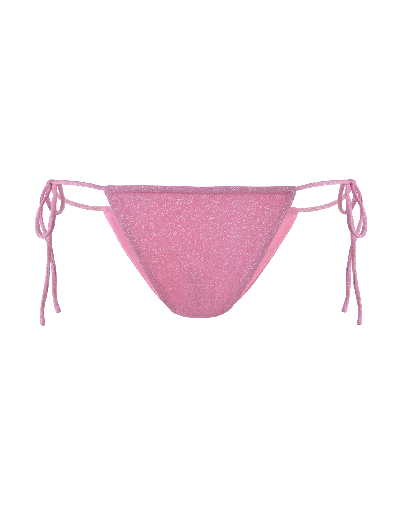 The TIGERMIST ELLISON BIKINI BOTTOM in baby pink features shimmer fabric, a low-rise waist, and adjustable side ties, shown against a plain background.