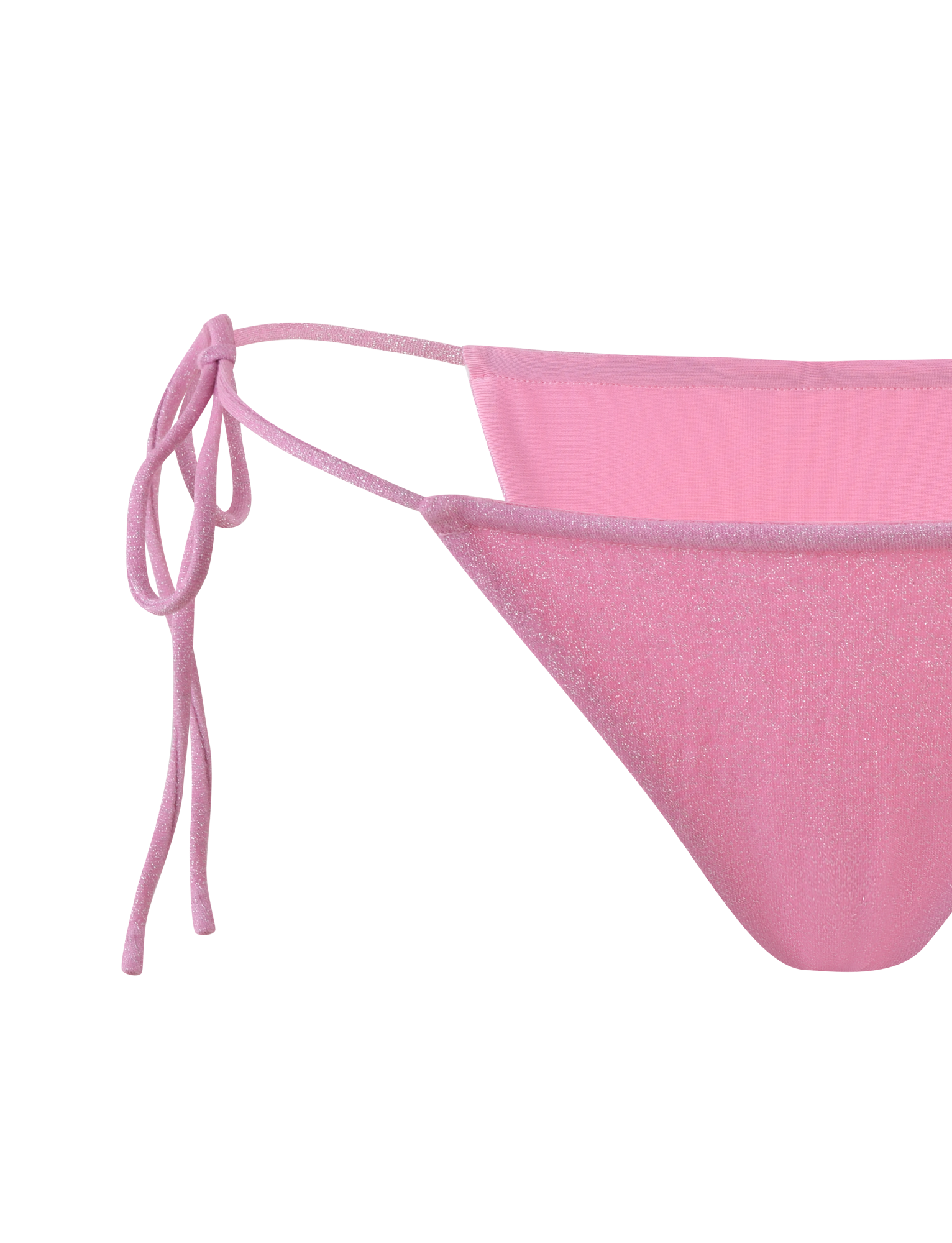 Close-up of the TIGERMIST ELLISON BIKINI BOTTOM in Baby Pink, featuring a shimmer finish, low-rise waist, and adjustable side ties, set against a matching pink background.