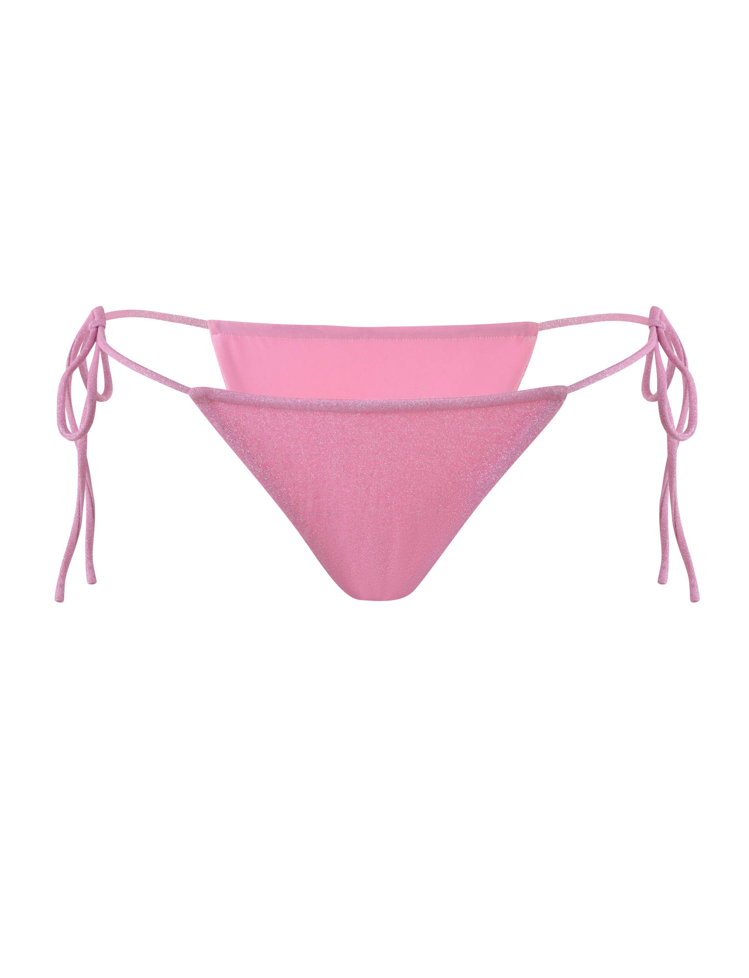The TIGERMIST ELLISON BIKINI BOTTOM in baby pink features a shimmer finish, low-rise waist, and adjustable side ties, shown against a light pink background.