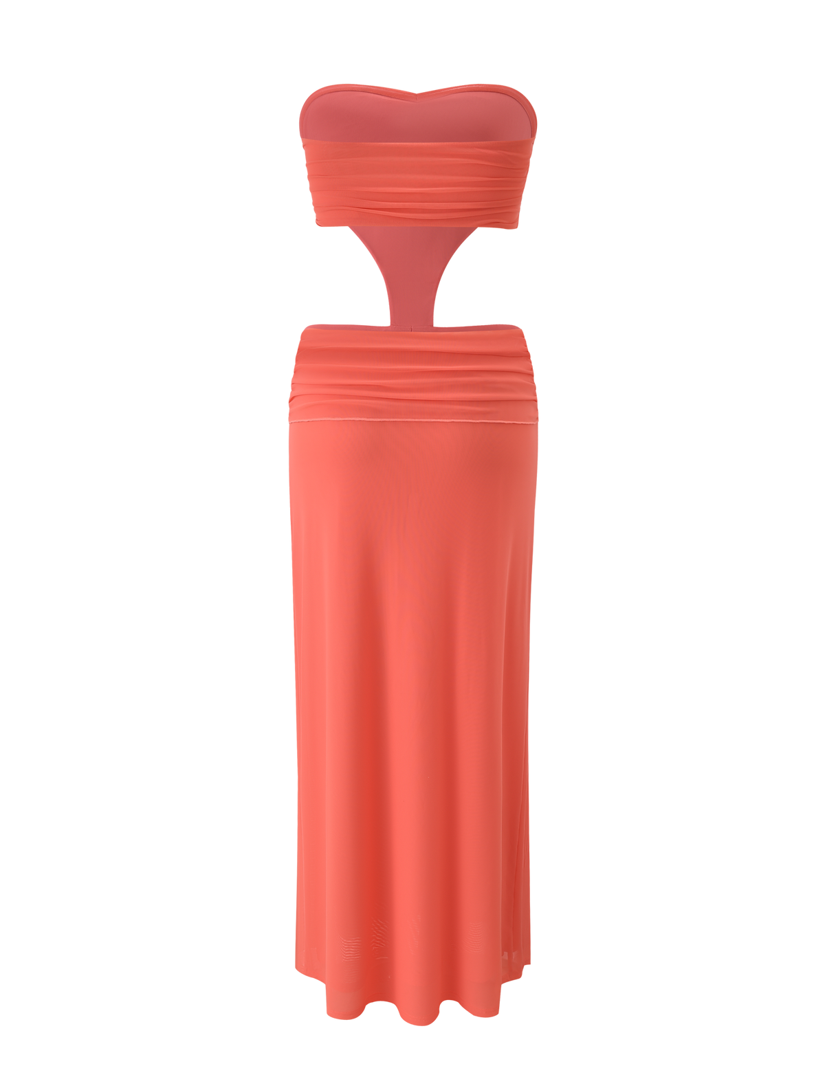 The KYNLEE MAXI DRESS by TIGERMIST features a strapless watermelon pink mesh design with a fitted bodice, gathered bust and waist, and a midriff cutout, shown against a white background.
