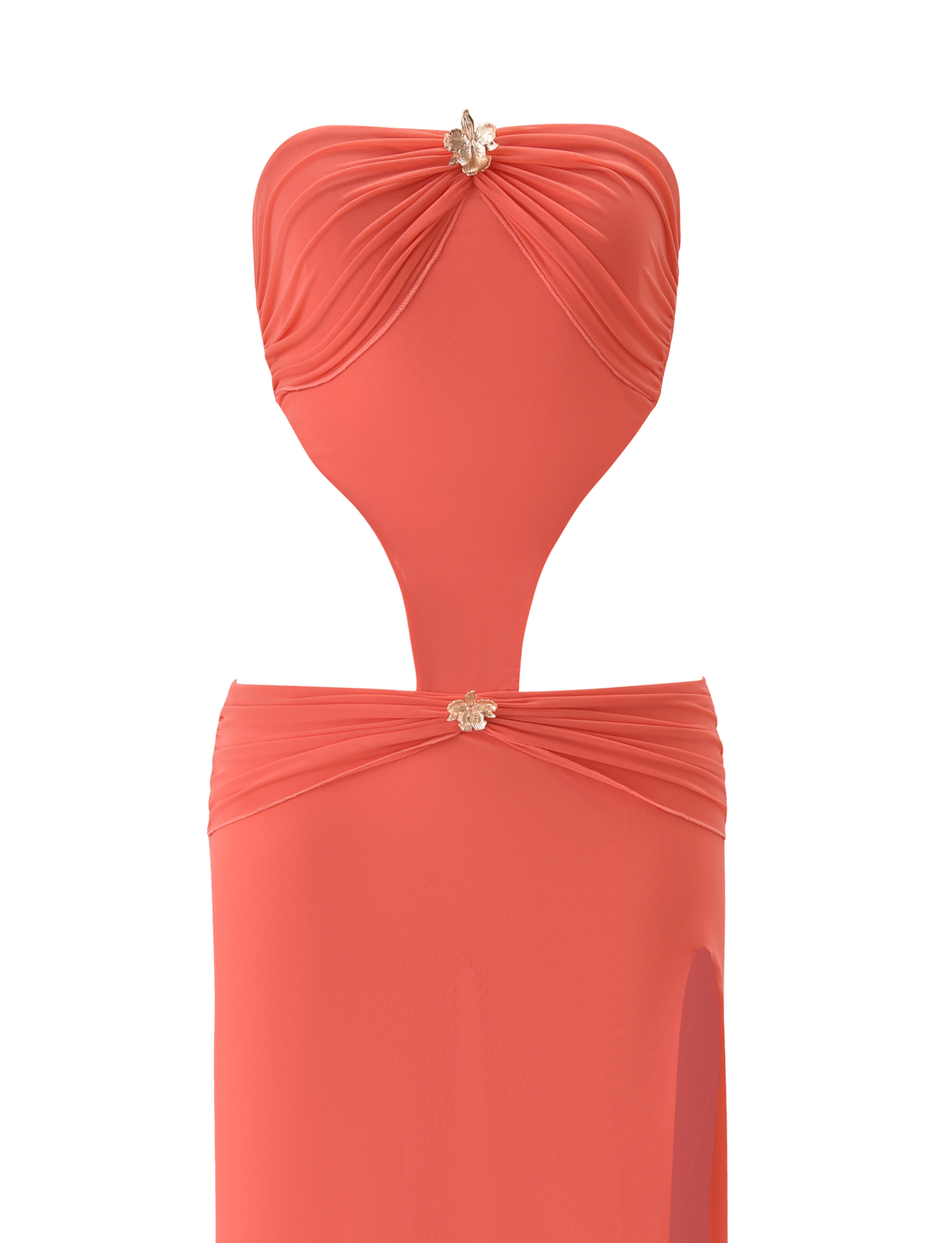 The KYNLEE MAXI DRESS by TIGERMIST is a mesh strapless dress in Watermelon, designed with cutouts, ruched details, and floral gold hardware at the chest and waist.
