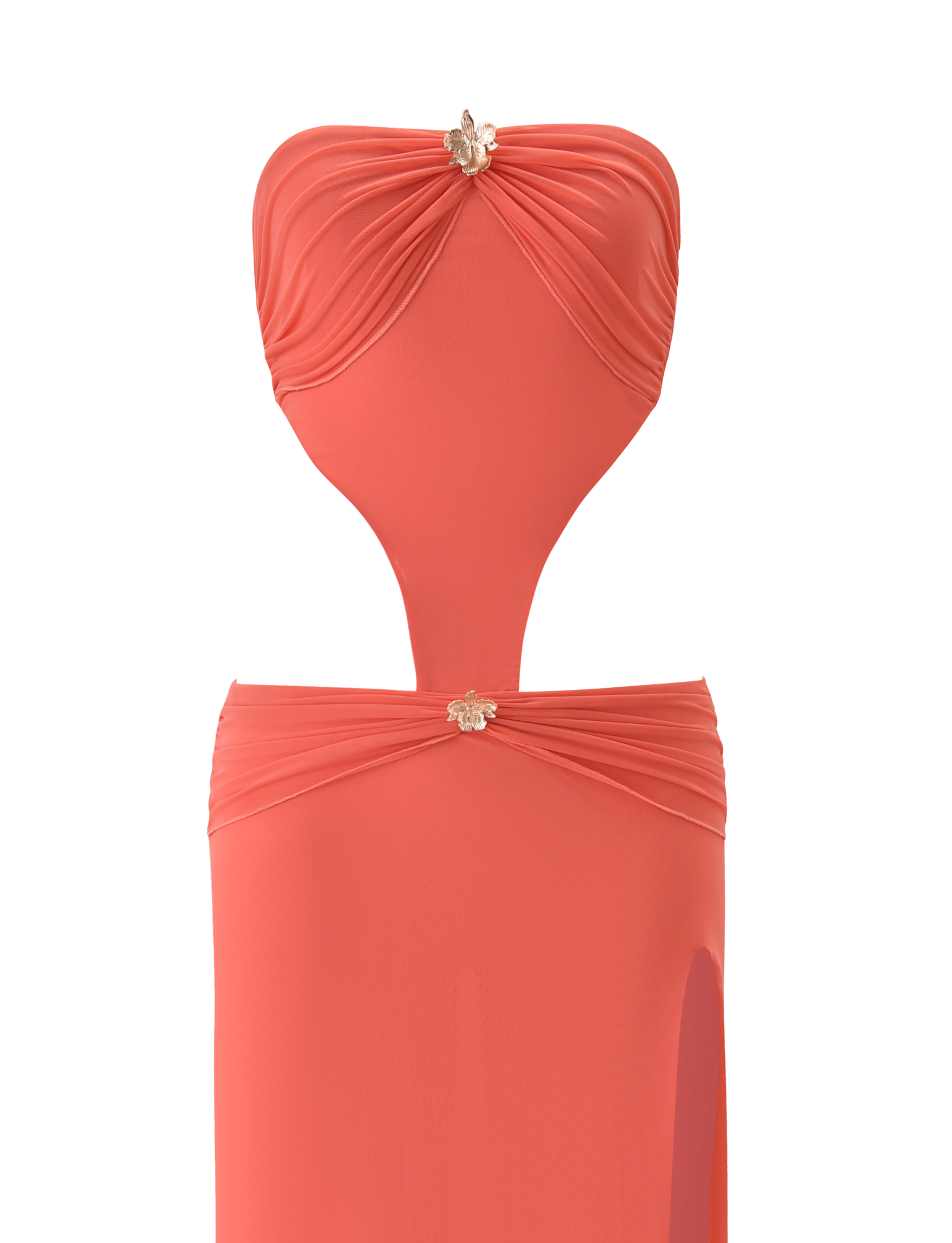 The KYNLEE MAXI DRESS by TIGERMIST is a mesh strapless dress in Watermelon, designed with cutouts, ruched details, and floral gold hardware at the chest and waist.