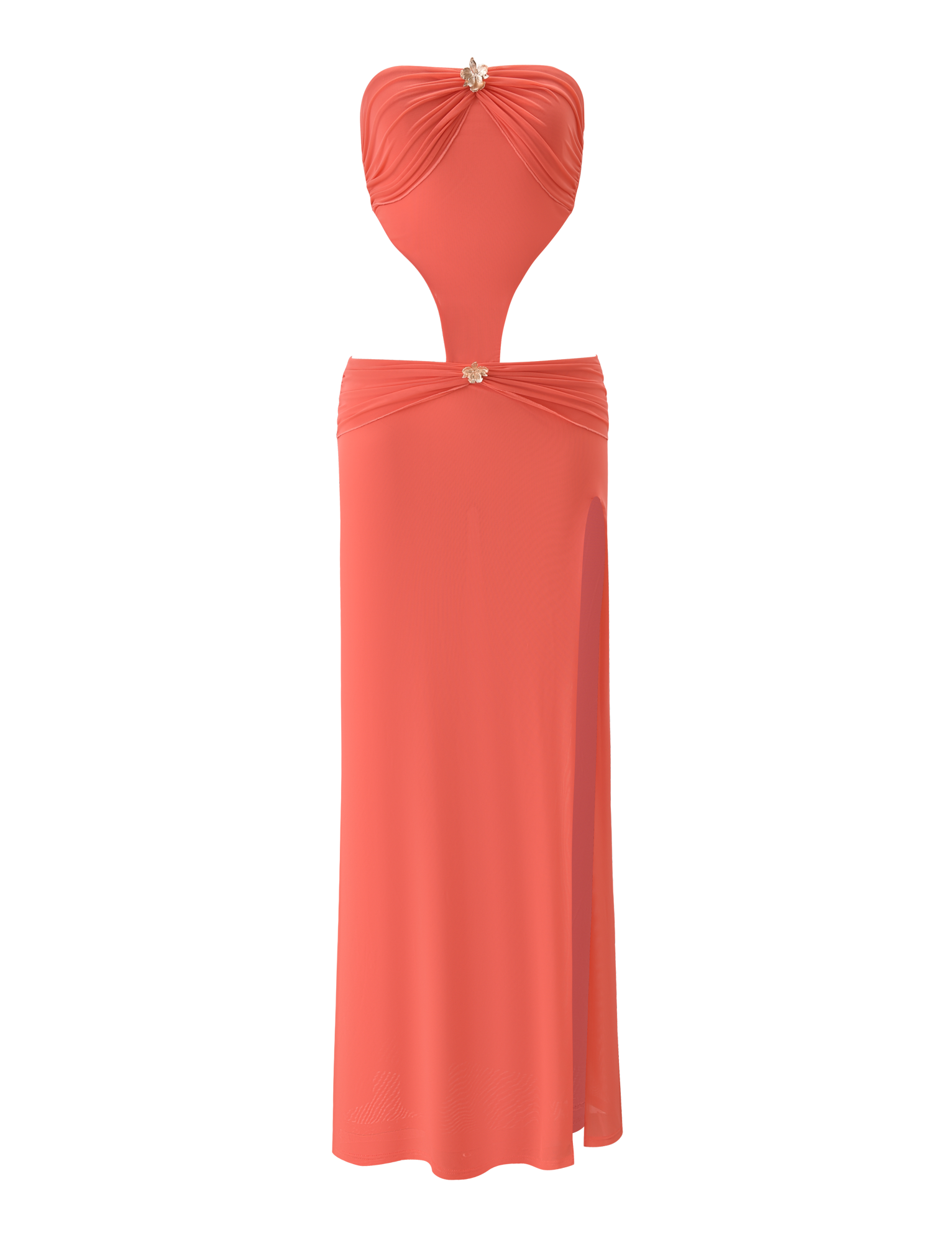 The KYNLEE MAXI DRESS by TIGERMIST features a watermelon hue, strapless mesh design with jeweled bust and waist accents, chic cut-outs, a high leg slit, and a form-fitting, floor-length silhouette.
