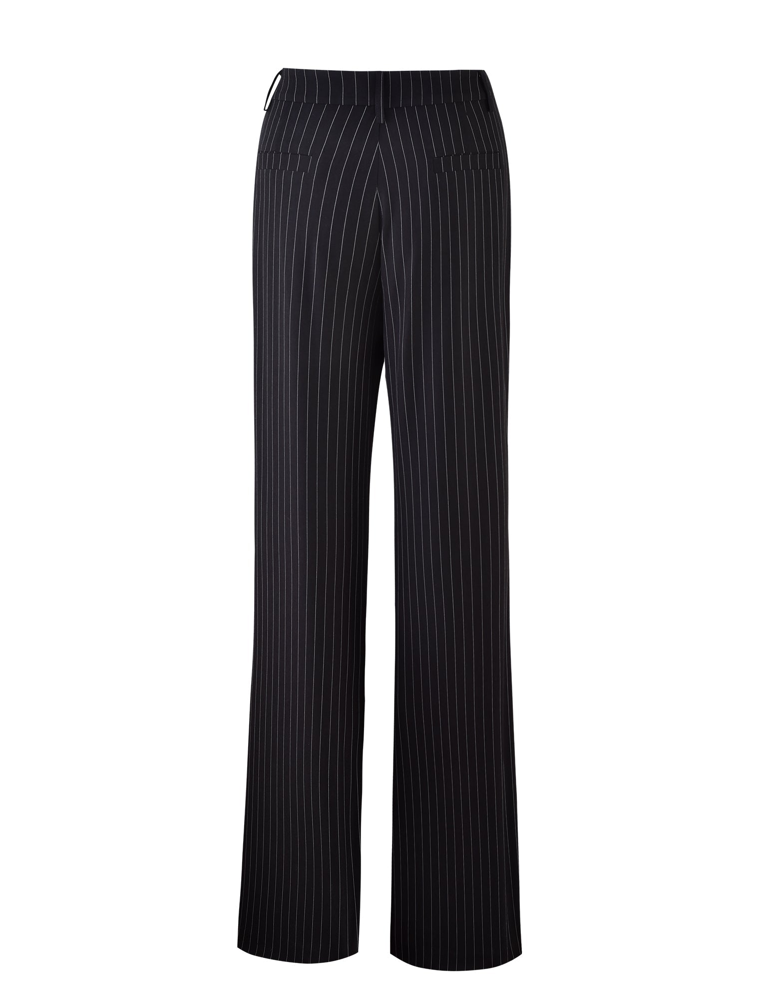 Check out the TAMARA PANT - BLACK : PINSTRIPE by TIGERMIST. These sleek dress pants feature thin white vertical pinstripes, a mid-rise waist, straight-leg silhouette, and two back pockets. The fabric is smooth and tailored for a polished look.