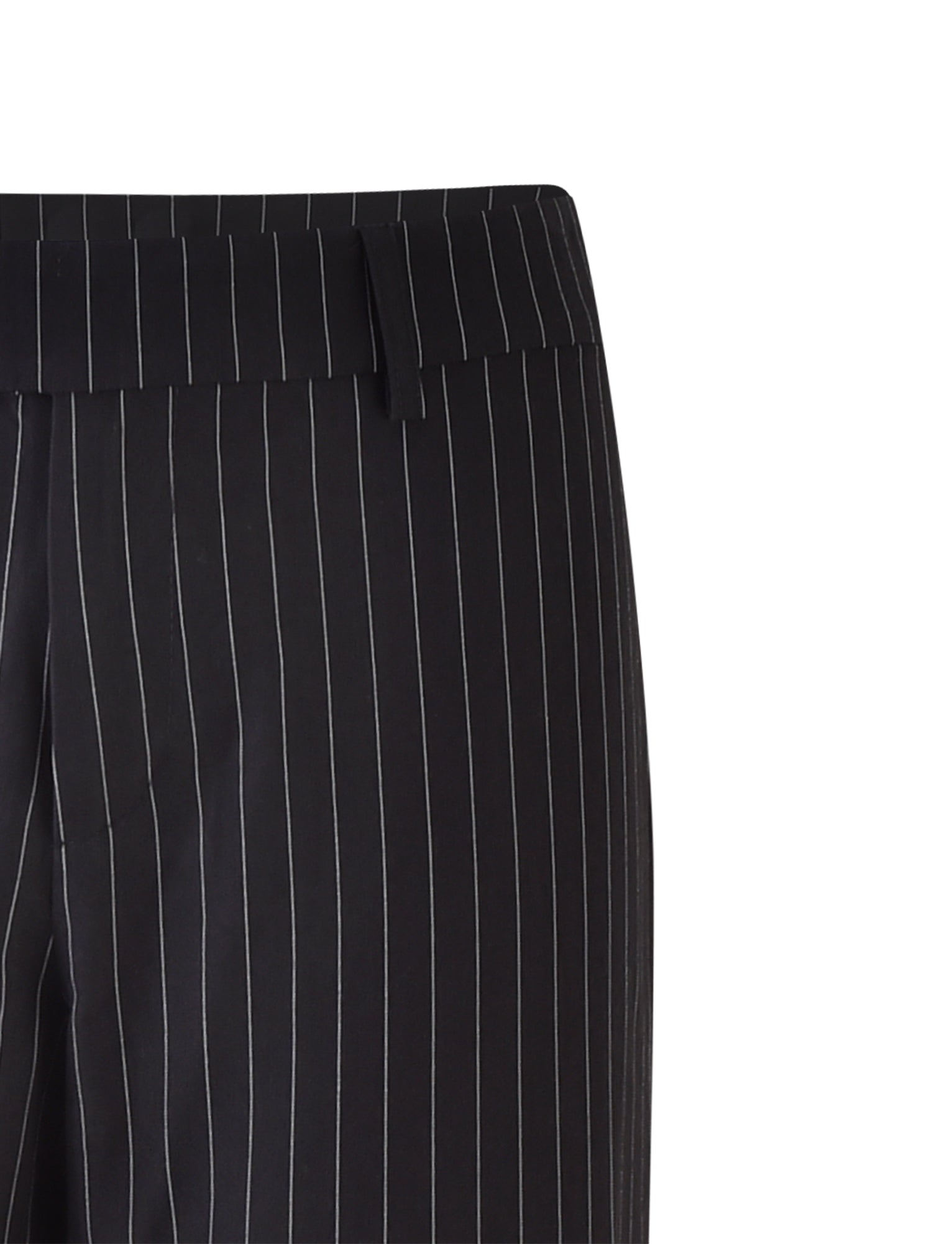 Close-up of the waistband and upper leg area of the TIGERMIST TAMARA PANT - BLACK : PINSTRIPE, highlighted against a white background. The fabric is smooth, delivering a sleek, professional appearance with a mid-rise waist and a straight-leg silhouette.