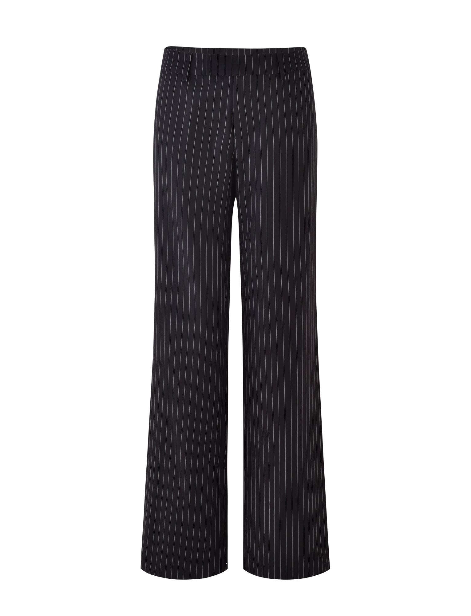 TIGERMIST's TAMARA PANT - BLACK : PINSTRIPE features a straight-leg silhouette with vertical white stripes, showcasing a sleek design without visible pockets. The smooth, mid-rise waistband lacks belt loops or fasteners, and the fabric’s subtle sheen enhances its suitability for formal business attire.