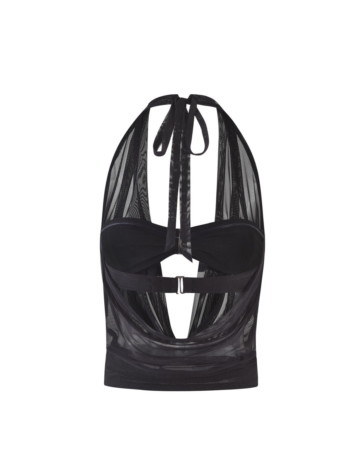The TIGERMIST MAKENA TWO-PIECE TOP - BLACK is a sheer mesh halter bralette with neck tie, structured cups, and a cutout back, shown on a plain white background.