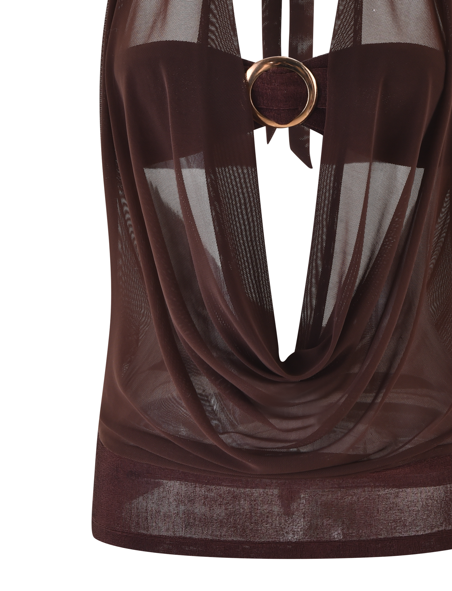 The TIGERMIST MAKENA TWO-PIECE TOP - BROWN : CHOCOLATE is a sheer mesh, sleeveless top featuring a draped cowl neckline and a bold large gold ring detail at the chest.