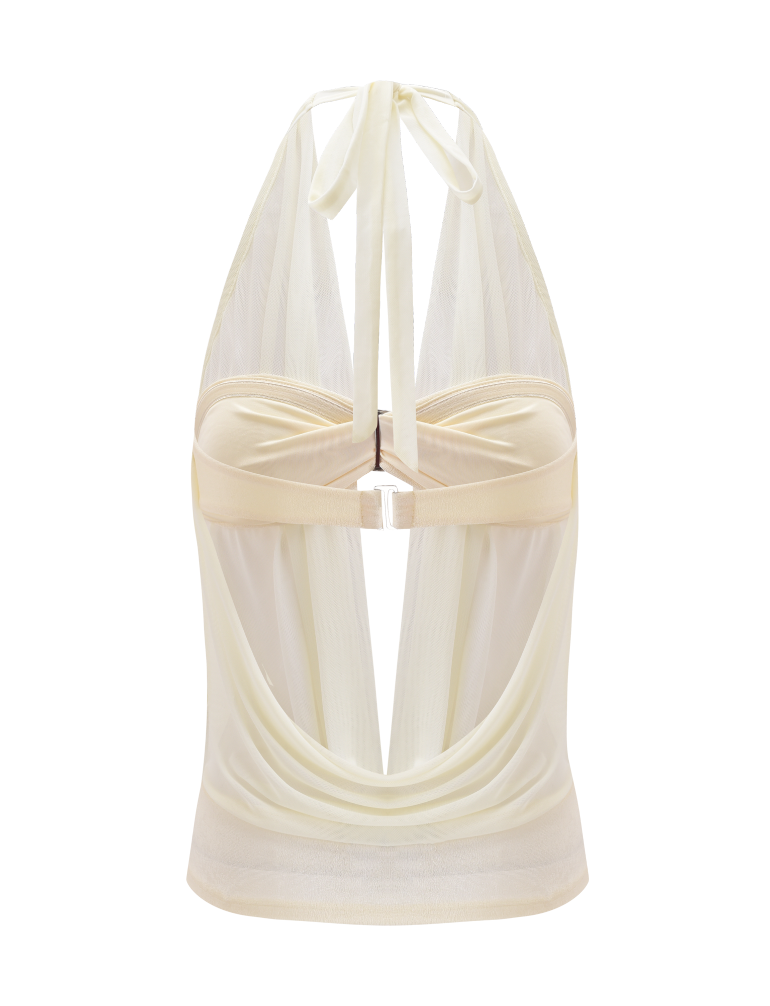 The TIGERMIST MAKENA TWO-PIECE TOP in ivory features a sheer mesh design with halter neck, open back, draped details, fitted bust with horizontal band and center clasp—ideal for layering over a strapless bra for a chic look.