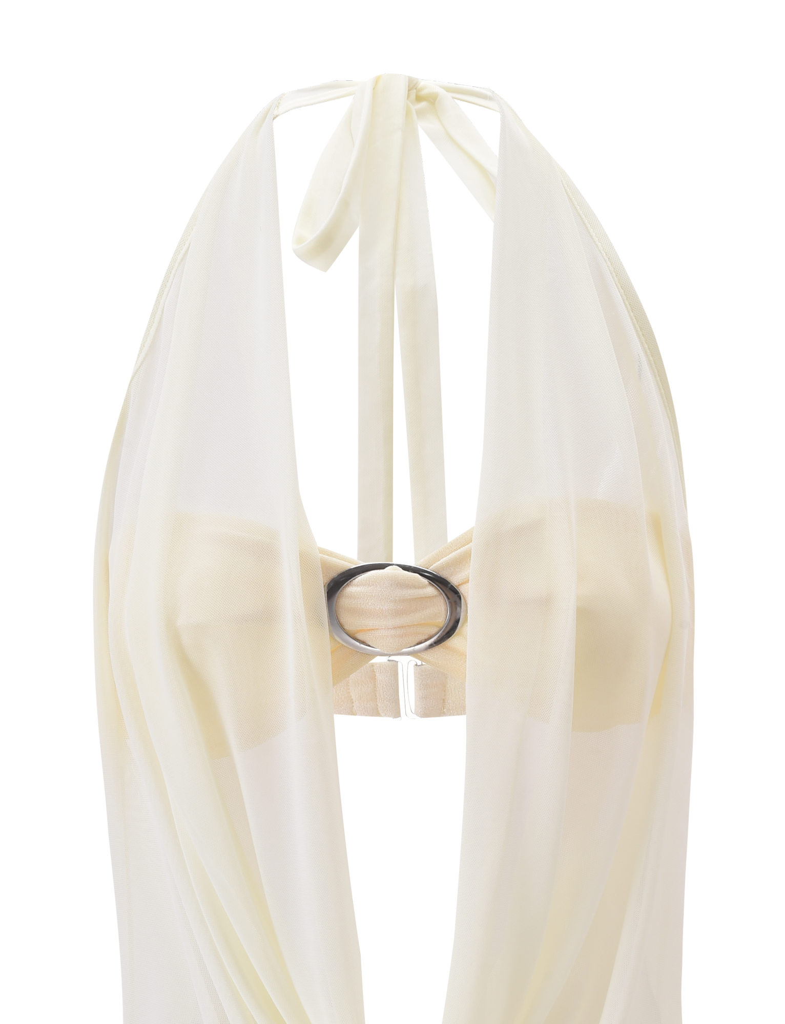 The MAKENA TWO-PIECE TOP - IVORY by TIGERMIST is a sheer mesh top with a deep neckline, central black ring detail, and neck tie—ideal for layering over your favorite strapless bra.