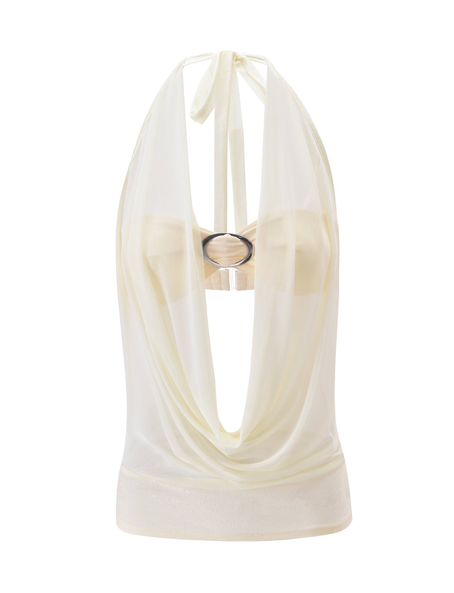 The MAKENA TWO-PIECE TOP - IVORY by TIGERMIST is a sleeveless, sheer mesh top with a draped cowl neckline, open back, and metallic silver ring at the bust—perfect for layering over a strapless bra. Shown on a plain white background.