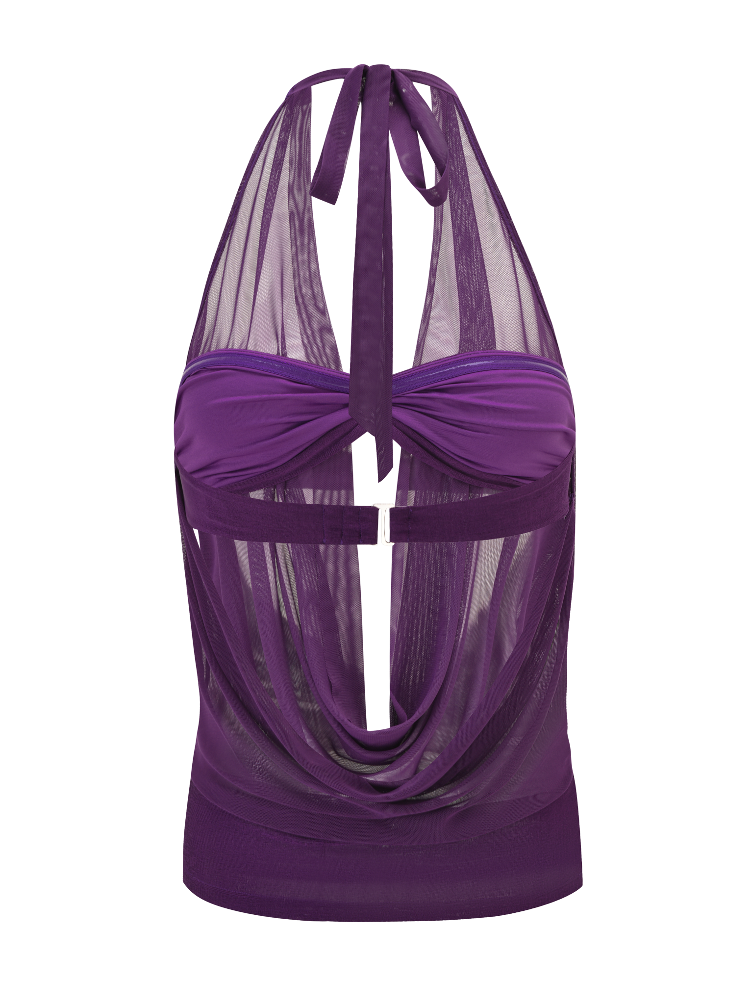 The TIGERMIST MAKENA TWO-PIECE TOP in purple features a mesh cowl neck halter with a twist front, open back, clasp closure, and layered sheer details—ideal for styling with your favorite strapless sheen knit bra.