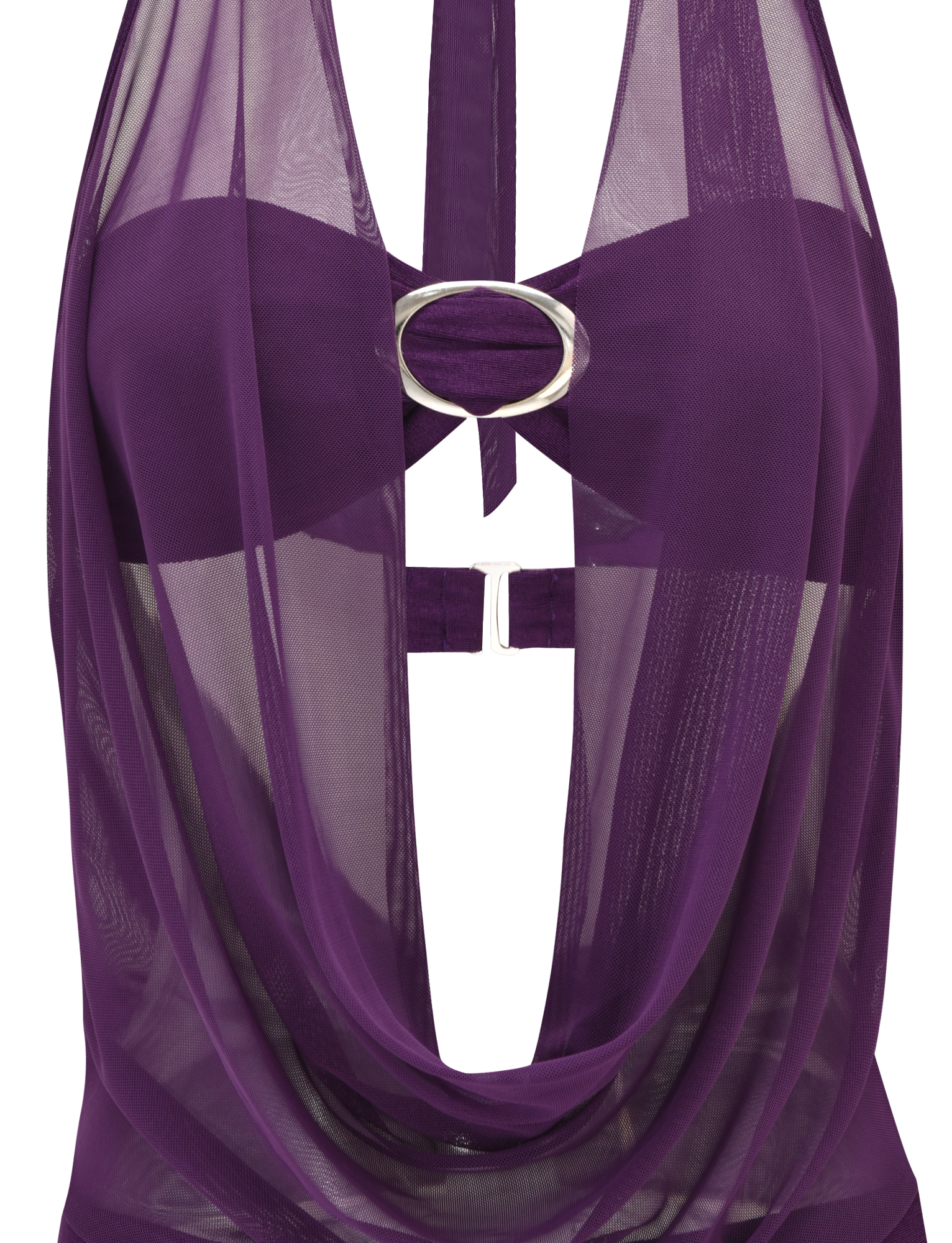 A close-up of the TIGERMIST MAKENA TWO-PIECE TOP in purple, featuring a sheer mesh, cowl halter neckline, silver oval buckle detail at the center, and a matching purple strap. The fabric is see-through with a smooth, shiny finish.